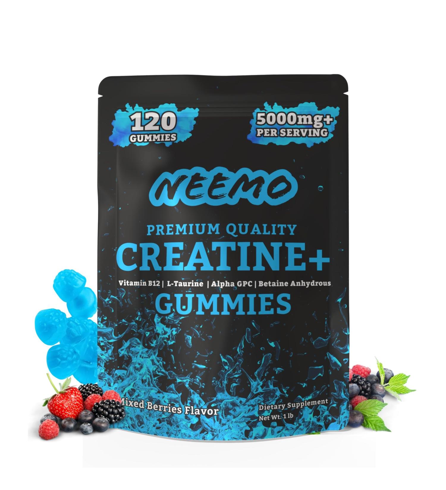 NEEMO Micronized Creatine Monohydrate Gummies for Men & Women Creatine Plus Taurine Vitamin B12 Alpha GPC and Betaine - Preworkout Creatine Gummies Lean Muscle Builder Vegan Mixed Berries - Buy Online on GoSupps.com