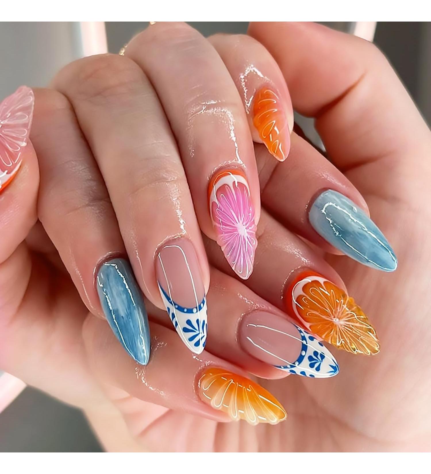 3D Oranges Press-On Nails | Medium Almond Summer Fruit Fake Nails | Full Cover Acrylic French Tip - 24 Pcs for Women - Buy Online on GoSupps.com