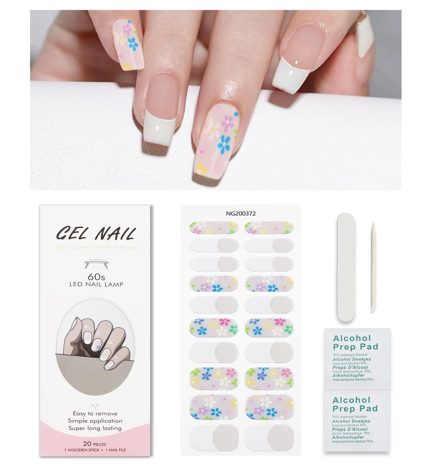 French Tip Flower Gel Nail Strips KALEFUL Semi Cured Gel Nail Stickers Nail Art Decoration Design Supplies Flower French Tip - Buy Online on GoSupps.com
