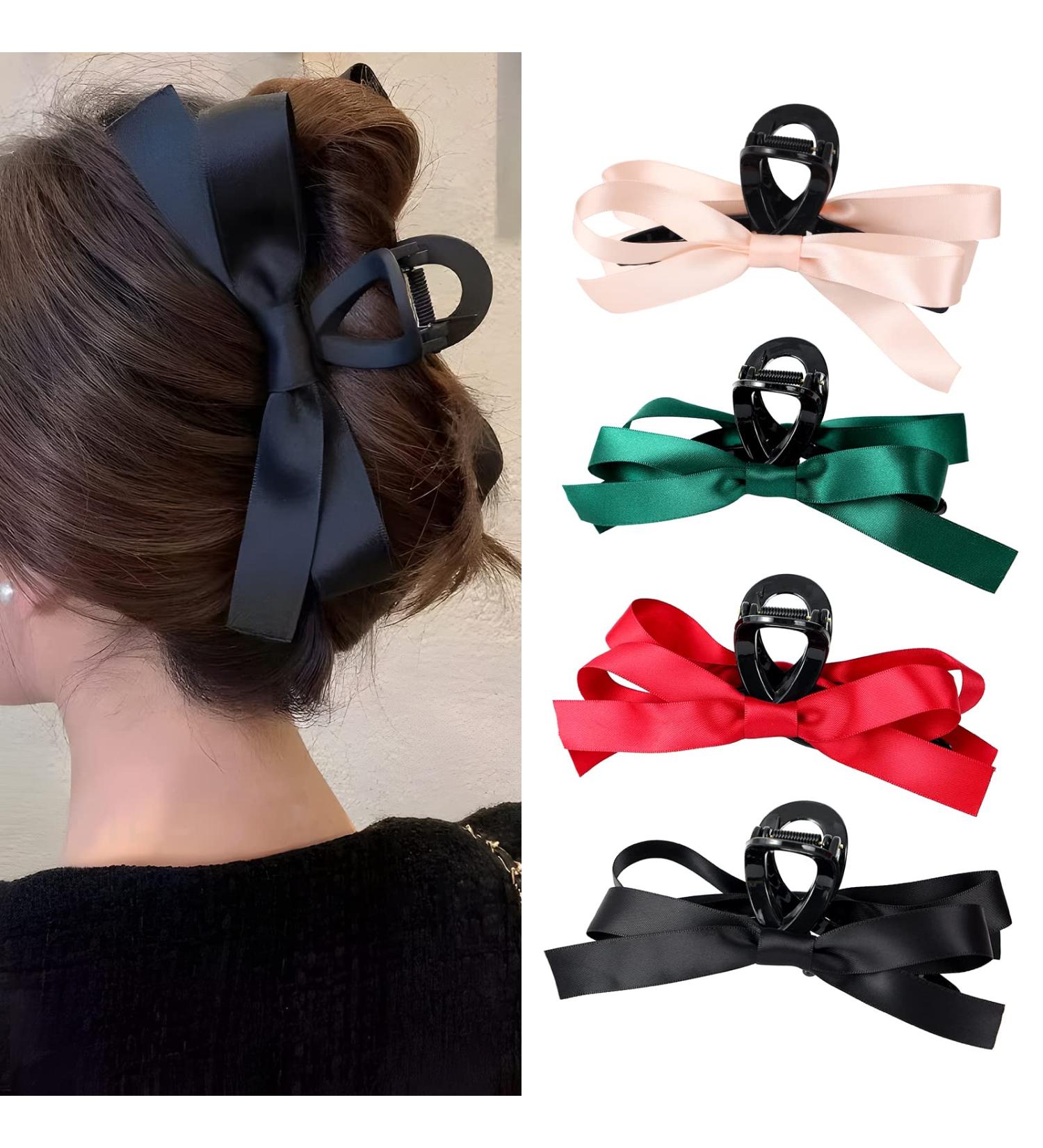 MHDGG Big Bow Hair Claw Clips 4pcs Set - Nonslip Barrettes for Thin Thick Curly Hair - Hair Dress Up Accessories for Parties - Black Pink Green Red - Buy Online on GoSupps.com