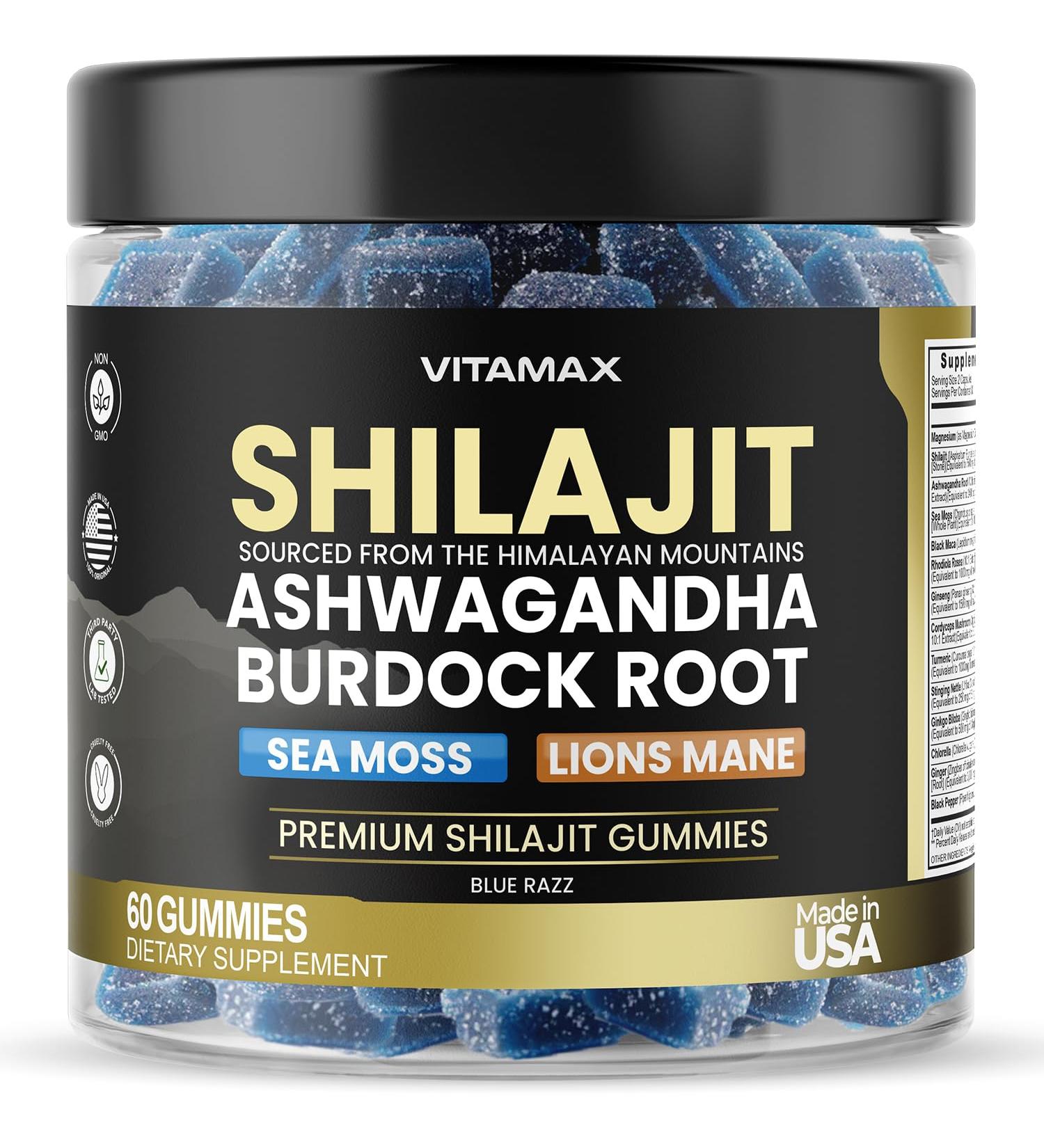 Organic Shilajit Gummies Sea Moss Ashwagandha 105+ Trace Minerals Organic Burdock Root & Lions Mane Mushroom - Blue Razz Vegan & Non-GMO Made in USA 60ct - Buy Online on GoSupps.com