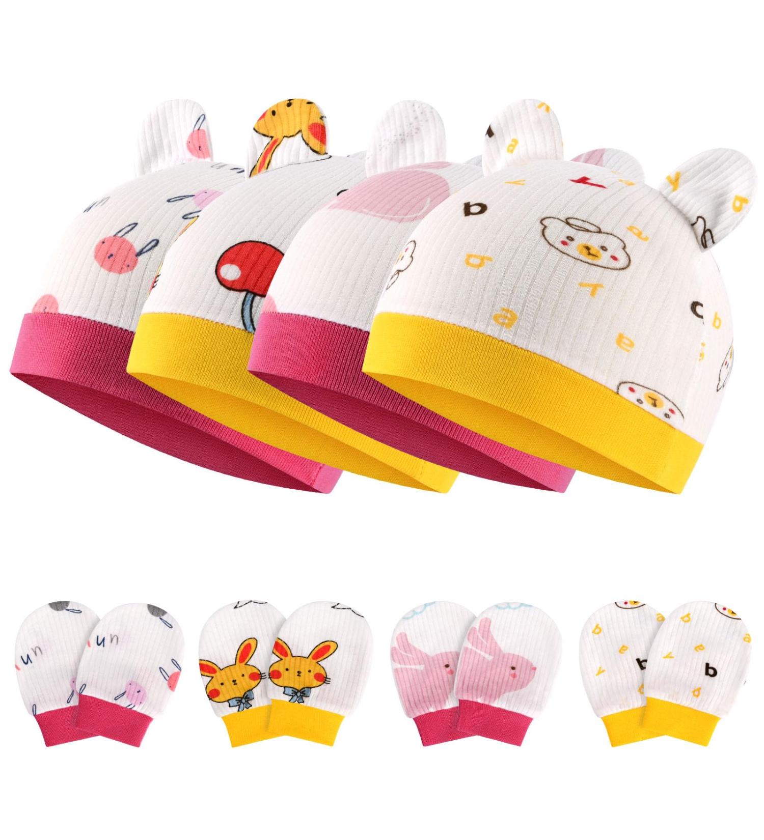 Aolso Newborn Baby Cotton Caps Mittens Set - 4 Pcs Infant Hats & Gloves for 0-6 Months in Pink/Yellow - Buy Online on GoSupps.com