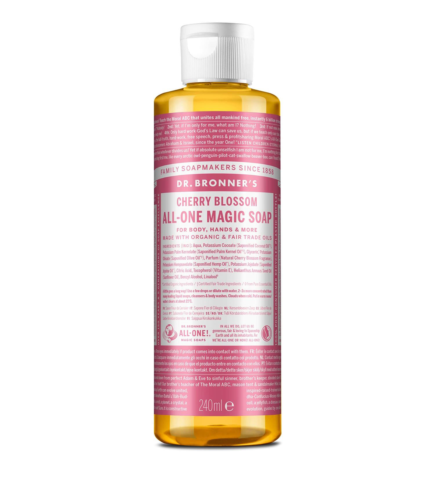 Dr. Bronner's 18-in-1 Cherry Blossom Pure-Castile Liquid Soap - 240ml | Made with Organic Oils | Face, Body, Hair, Laundry, Pets, Dishes | Fair Trade & Vegan | Recycled Bottle - Buy Online on GoSupps.com
