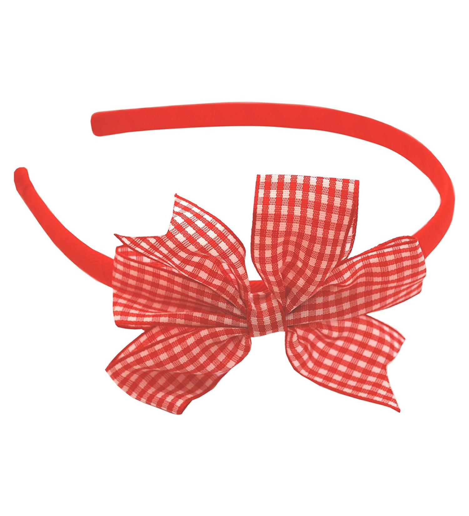 Hair Band Alice Head Band with Gingham Flat Bow School Uniform Accessories (Red & White)