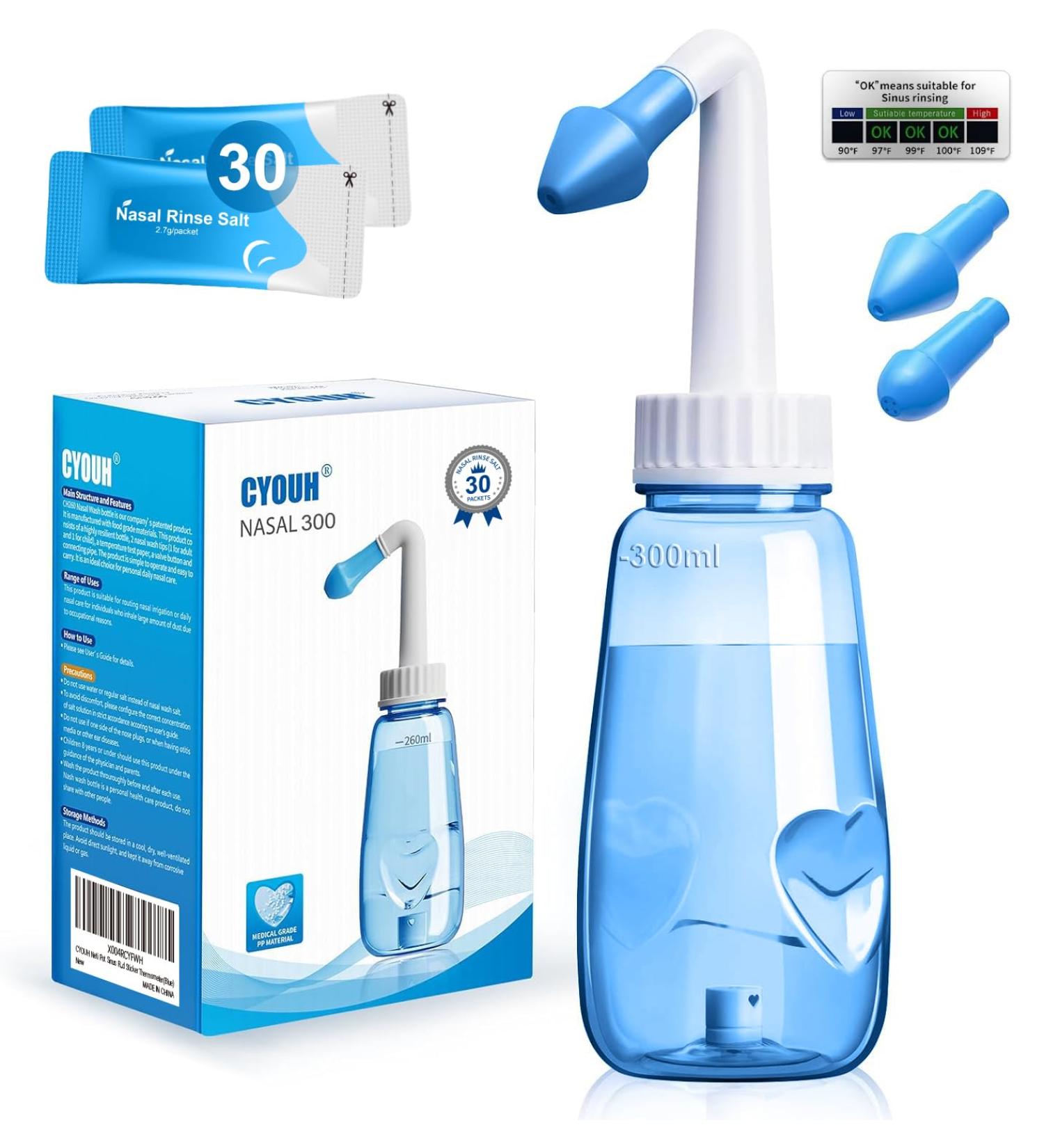CYOUH Neti Pot Sinus Rinse Bottle 300 ML with 30 Nasal Wash Salt Packets and Sticker Thermometer Nose Wash Cleaner Pressure Rinse Nasal Irrigation for Adult & Kid BPA Free (Blue) - Buy Online on GoSupps.com