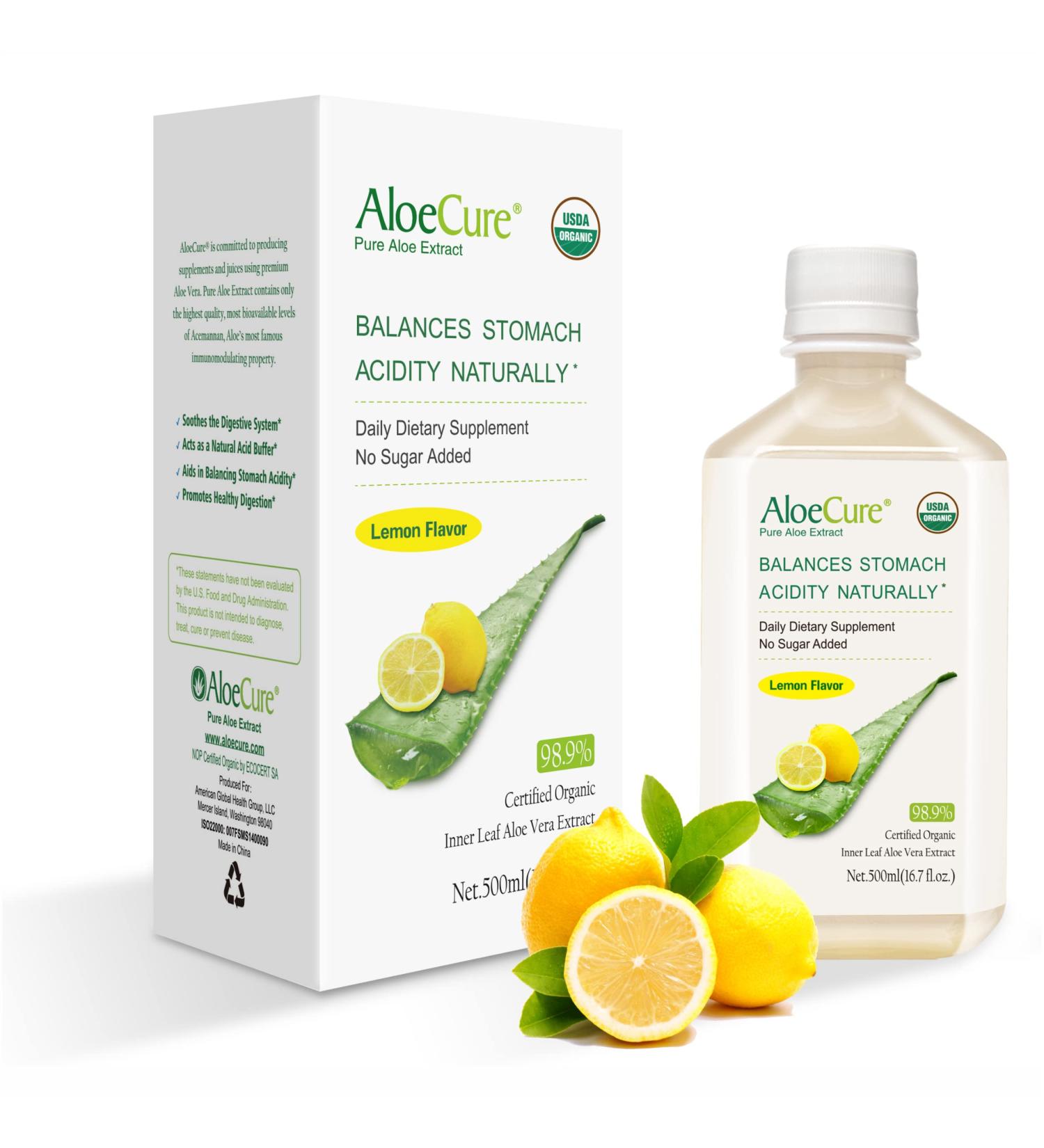 Organic AloeCure Lemon Aloe Vera Juice - 12 Hours from Harvest - Acid Reflux & GERD Treatment - Natural Digestion Aid - Buy Online on GoSupps.com
