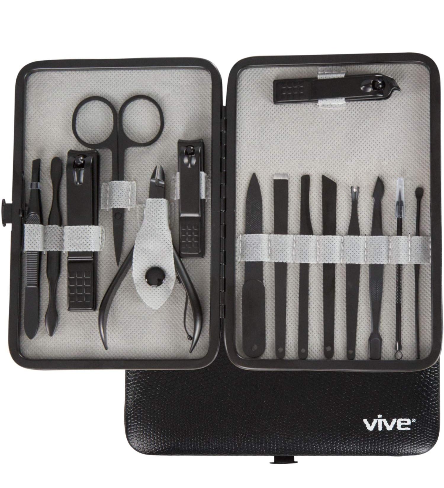 Vive Nail Clipper Set (15 Piece) - Manicure and Pedicure Tools for Men and Women - Includes File, Cuticle Trimmer, Tweezers, and Ear Pick - Black - Buy Online on GoSupps.com