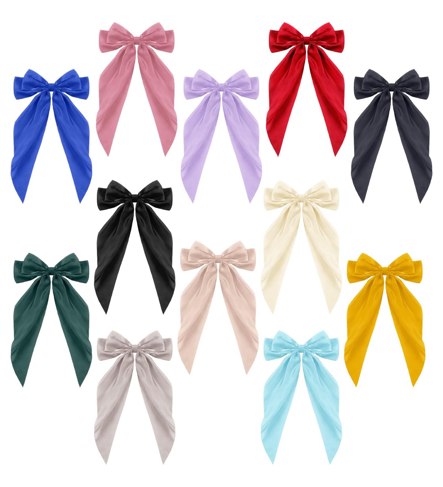 12 Pcs Large Hair Bows for Girls - French Style Barrette Clips in Soft Satin - 12 Colors - Buy Online on GoSupps.com