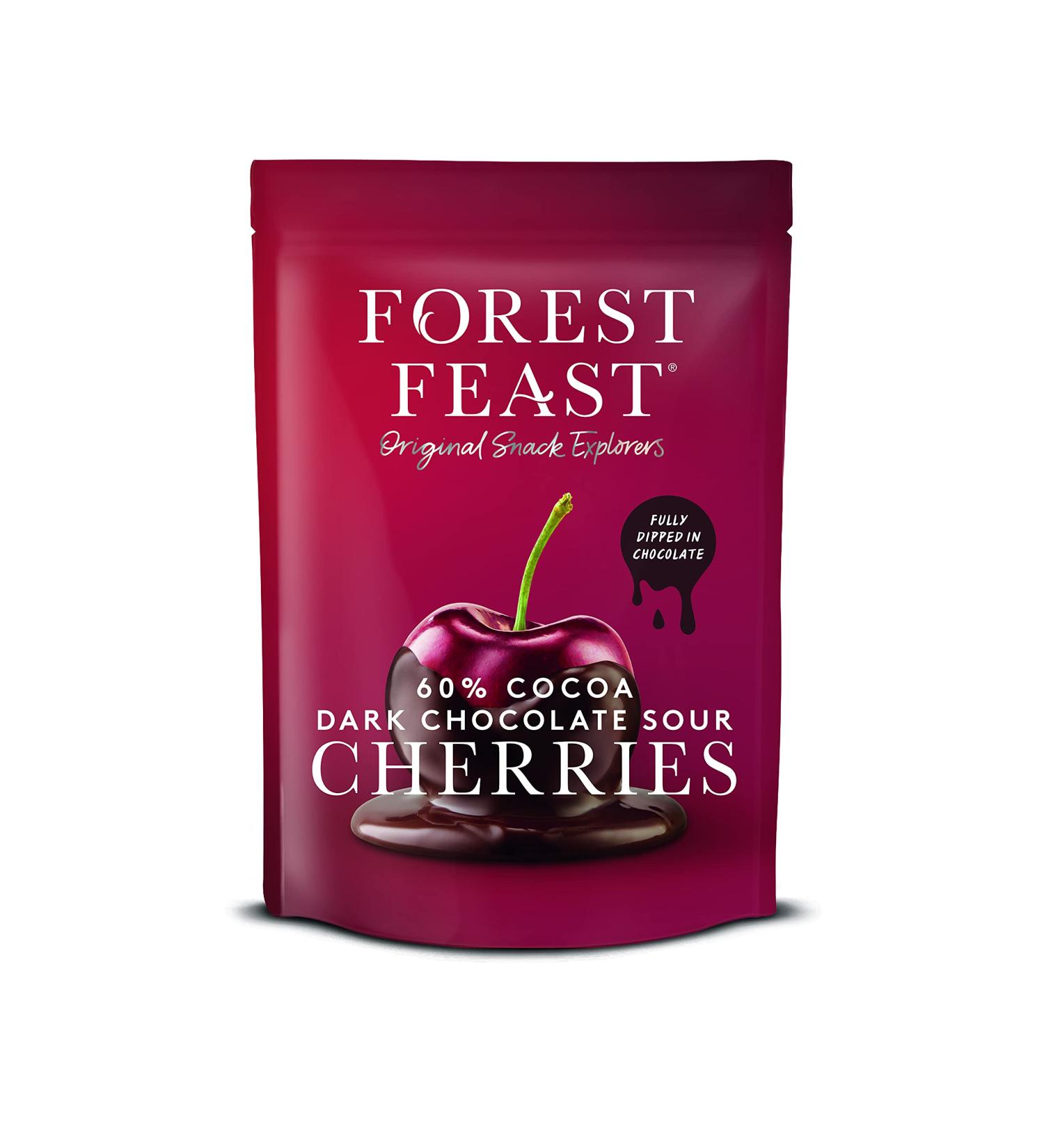 Forest Feast 60% Cocoa Dark Chocolate Sour Cherries 6 x 120g | Sweet Dried Cherries Chocolate Covered Fruit Snack with 60% Belgian Dark Chocolate Gluten Free & Vegan Snack - Buy Online on GoSupps.com