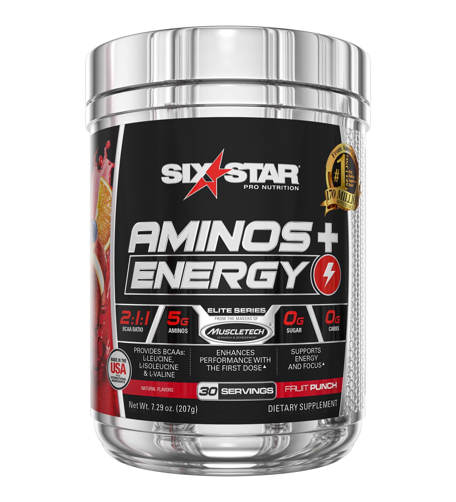 Six Star Aminos Plus Energy BCAA Powder - Fruit Punch Flavor | 30 Servings | Natural Color - Buy Online on GoSupps.com