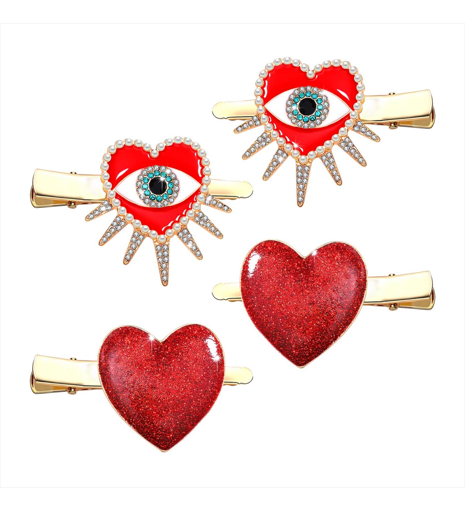 Red Rhinestone Love Heart Hair Clips for Women - Valentine's Day Hairpins for Romantic Date Gifts - Buy Online on GoSupps.com