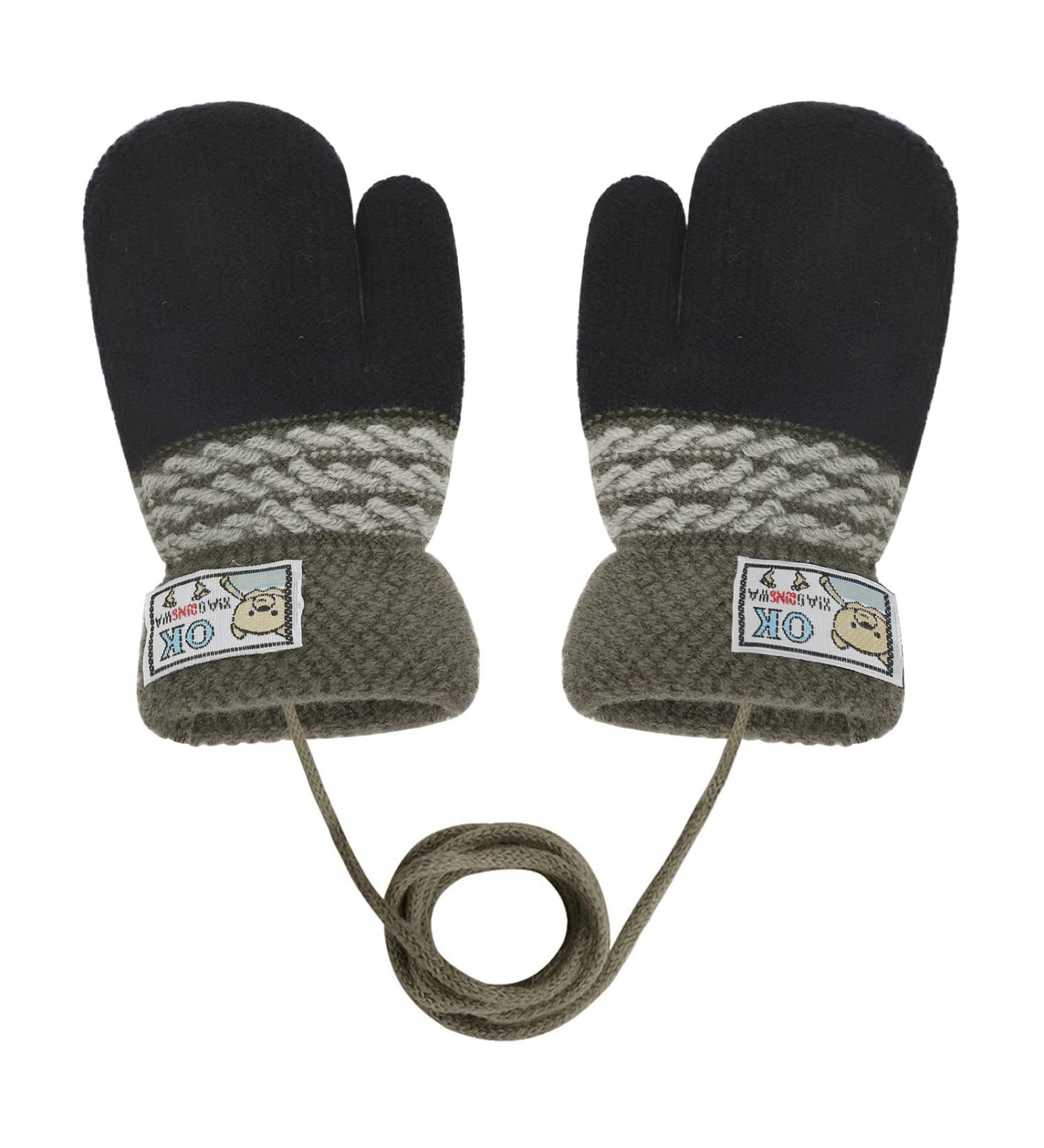 Infant Toddlers Winter Mittens with Anti-Lost String | Cute Cartoon Gloves for Baby Girls Boys 0-3 Years | Dual Layers Plush Padded Knitted Gloves in Black - Buy Online on GoSupps.com