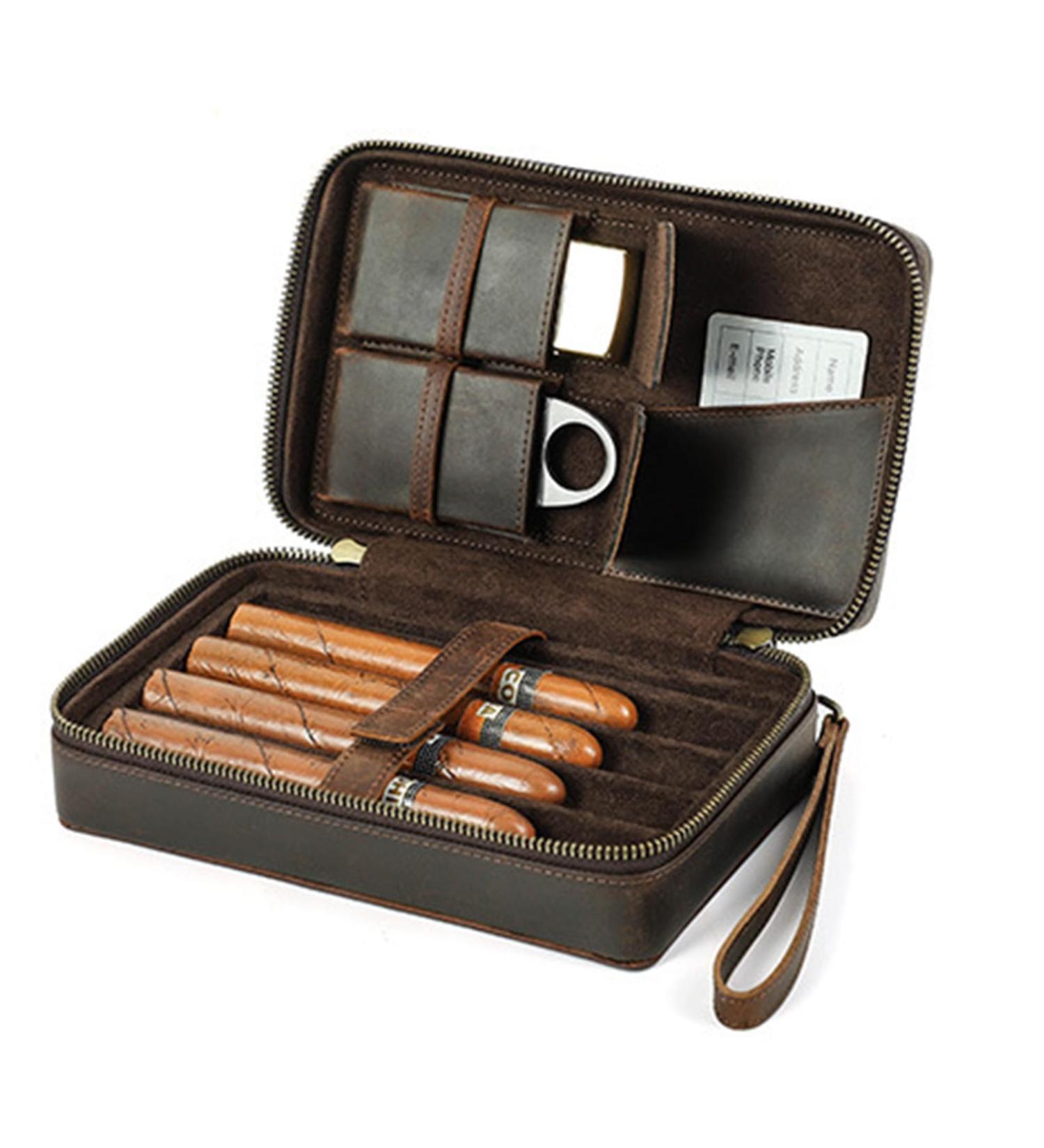 Vintage Crazy Horse Cowhide Leather Cigar Box 4 Cigars Traveling Cigar Set Storage Box with Wrist Wrap and Storage Pockets- Zipper Closure for Man - Buy Online on GoSupps.com