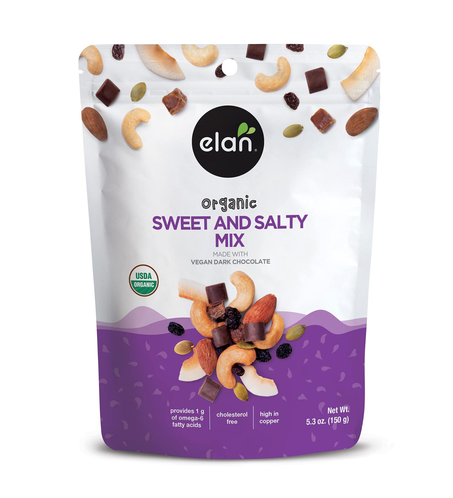 Elan Sweet & Salty Organic Trail Mix 5.3 oz - Vegan Dark Chocolate, Dates, Raisins, Coconut Chips, Pumpkin Seeds, Cashews, Almonds - GMO-Free, Gluten-Free, Vegetarian - Buy Online on GoSupps.com