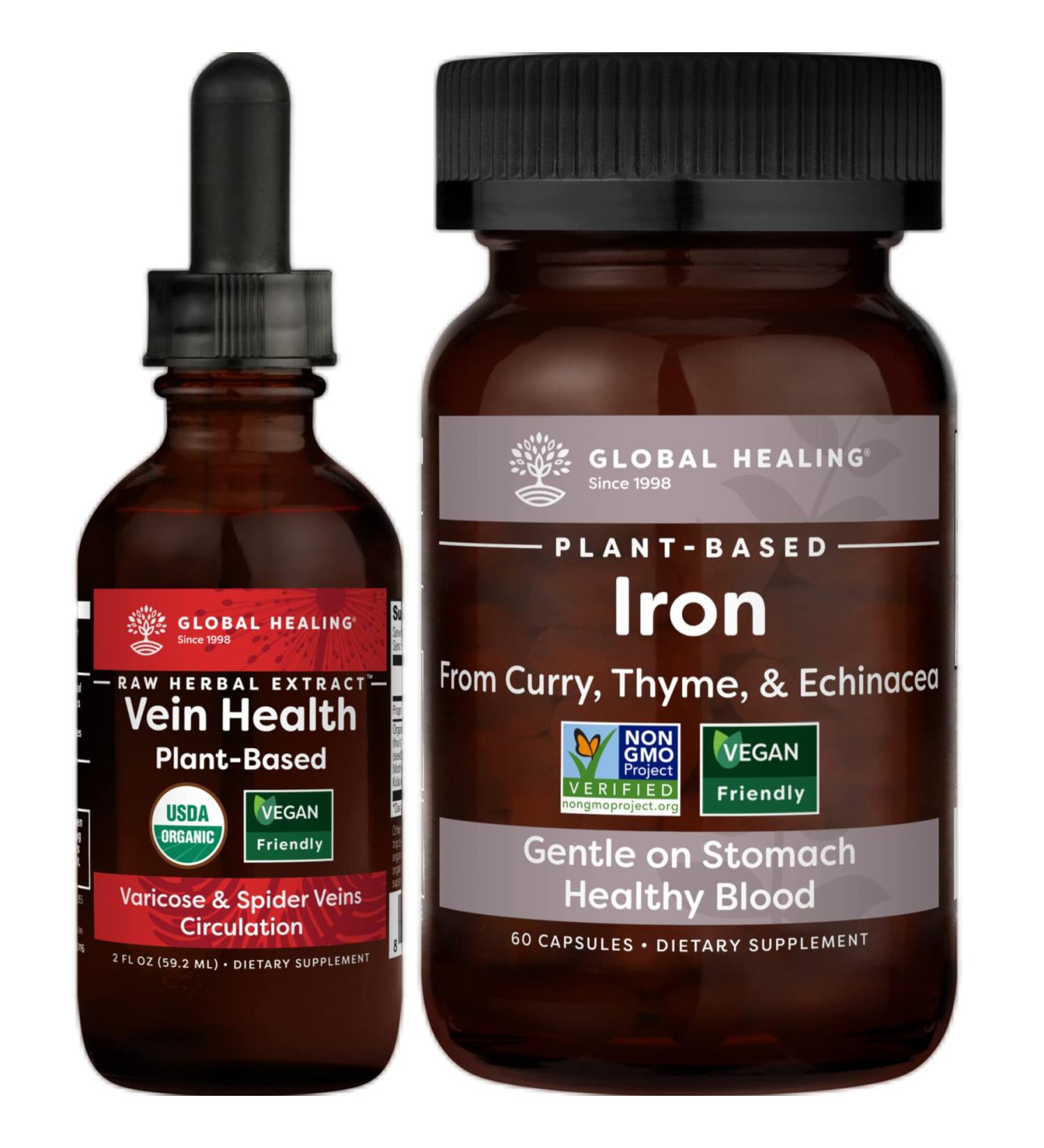 Global Healing Plant-Based Vein & Iron Health Kit - Liquid Drops for Blood Flow & Circulation + Vegan Supplement for Energy & Brain Health - 2 Fl Oz & 60 Capsules - Buy Online on GoSupps.com