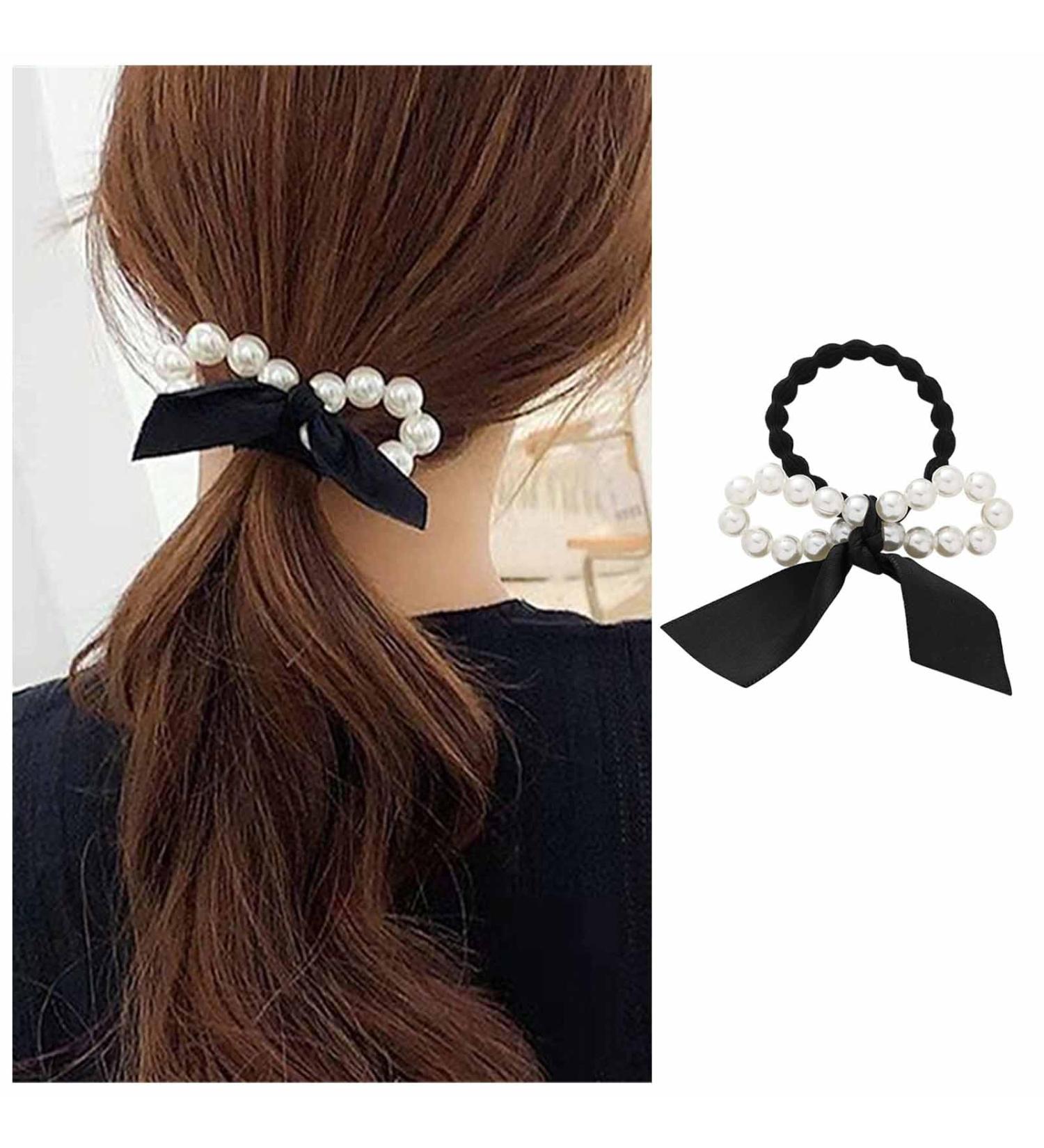 Dervivea French Pearl Bow Hair Rope Ties Pearl Ponytail Holder Hair Tie Black Bow Hair Scrunchies Elastic Bow Pearl Hair Rope Band Ribbon Bow Hair Rubber Band Decorative Hair Accessories(Ribbon Bow) - Buy Online on GoSupps.com