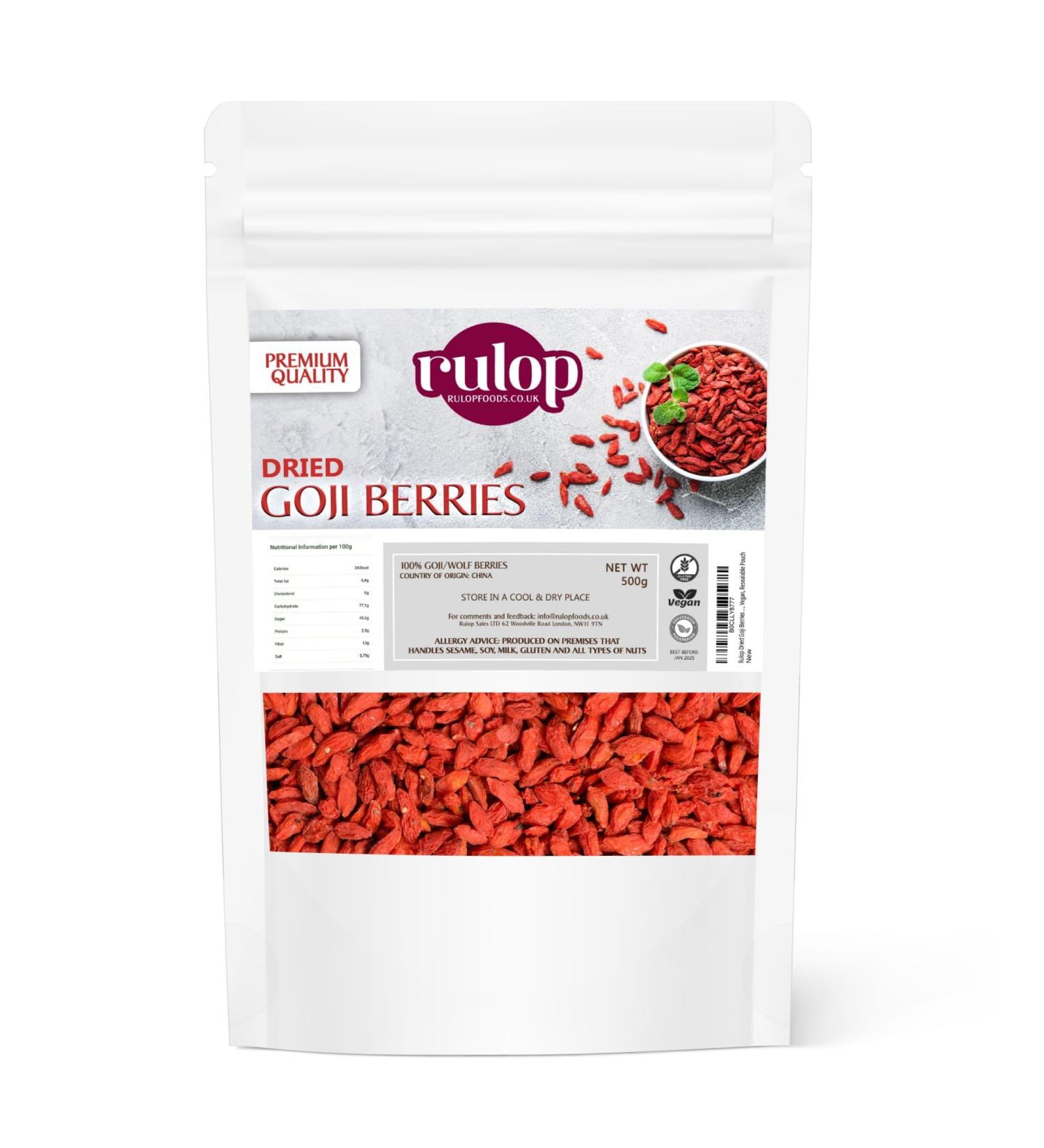 Rulop Dried Goji Berries - 500g - Premium Quality Vegan Resealable Pouch - Buy Online on GoSupps.com