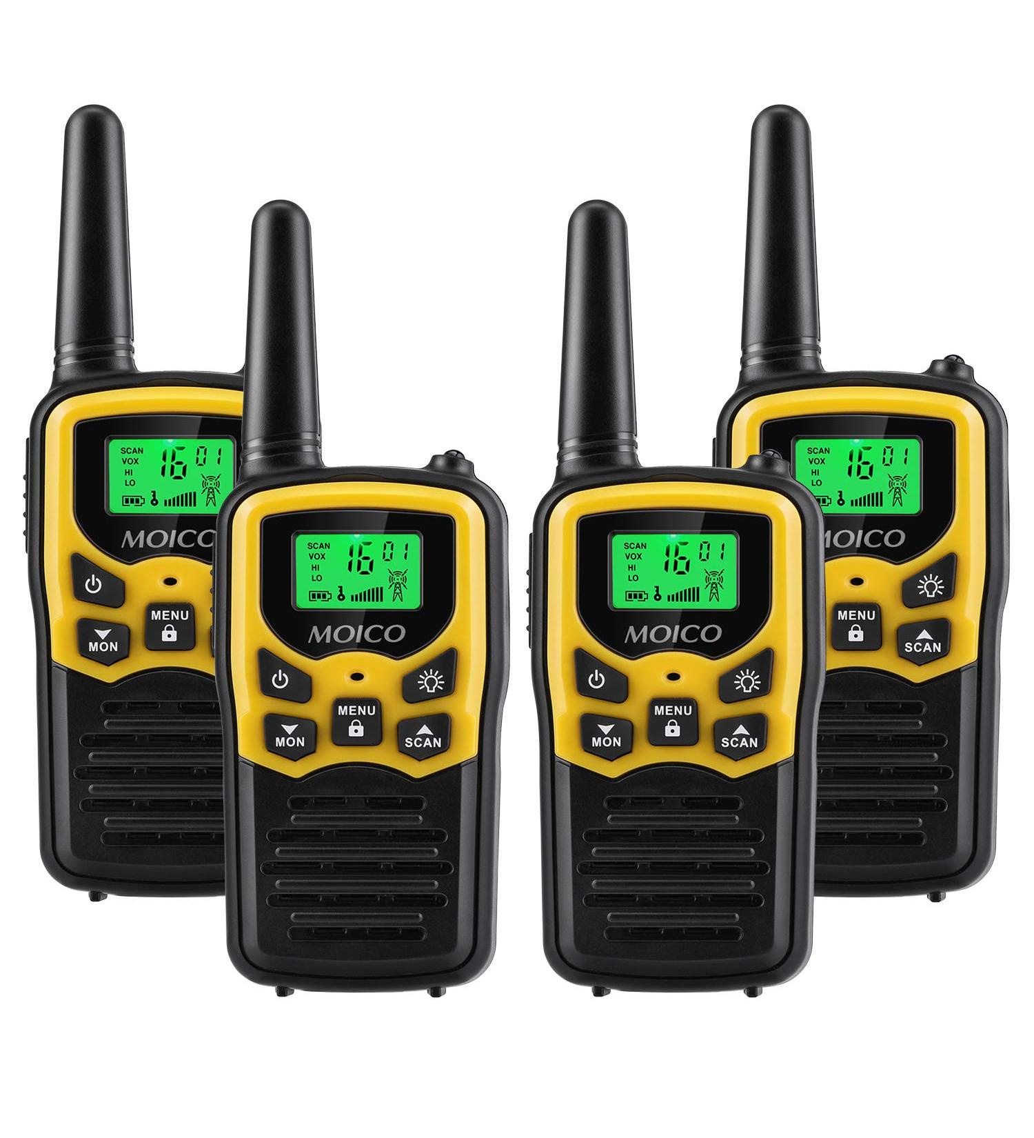 MOICO Yellow Walkie Talkies for Adults - 22 FRS Channels, LED Flashlight, Long Range Family Communication - Ideal for Hiking, Camping Trip - 4 Pack - Buy Online on GoSupps.com
