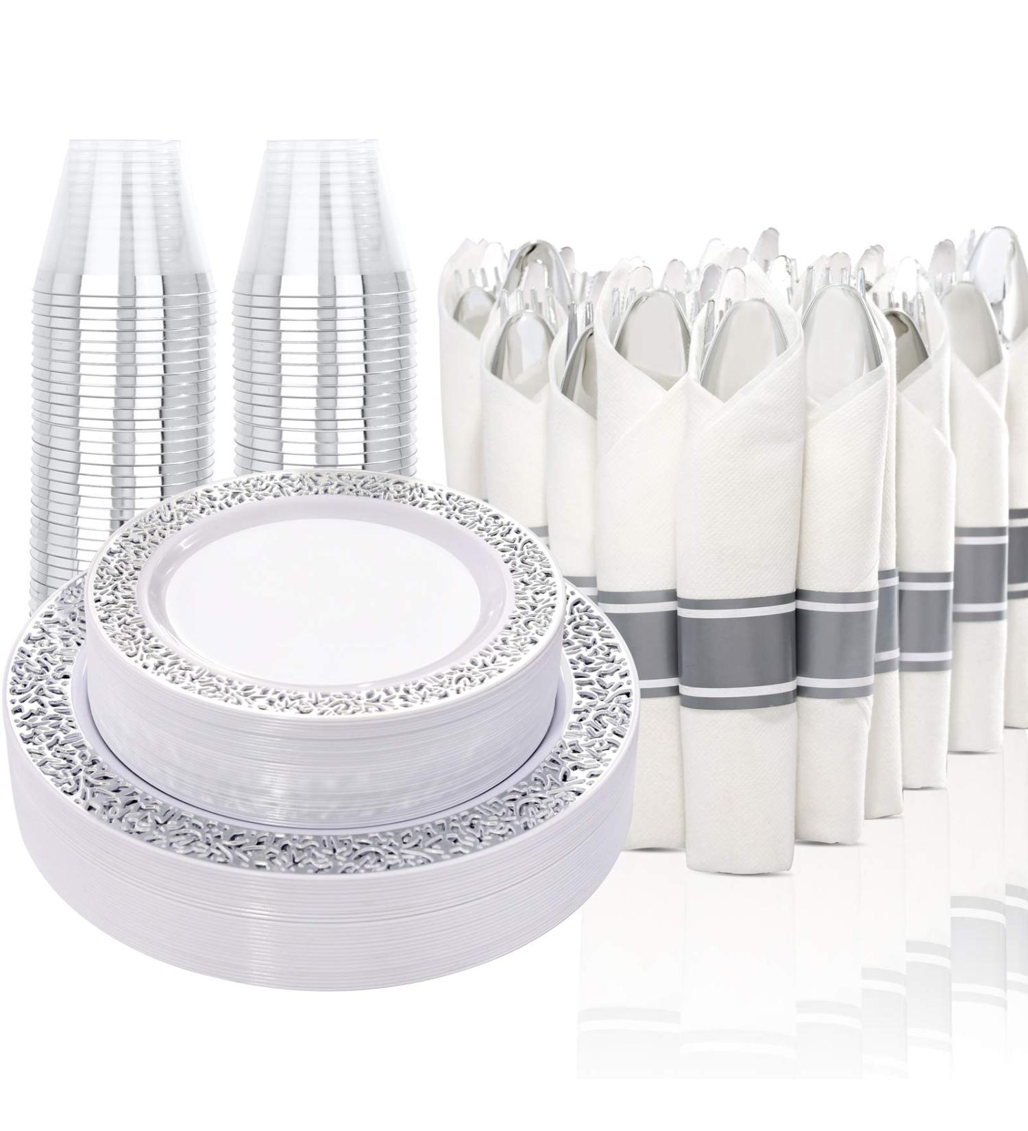 LLSF 210 Piece Silver Plastic Dinnerware Set Disposable Plates Cups Napkins and Cutlery for Wedding and Party