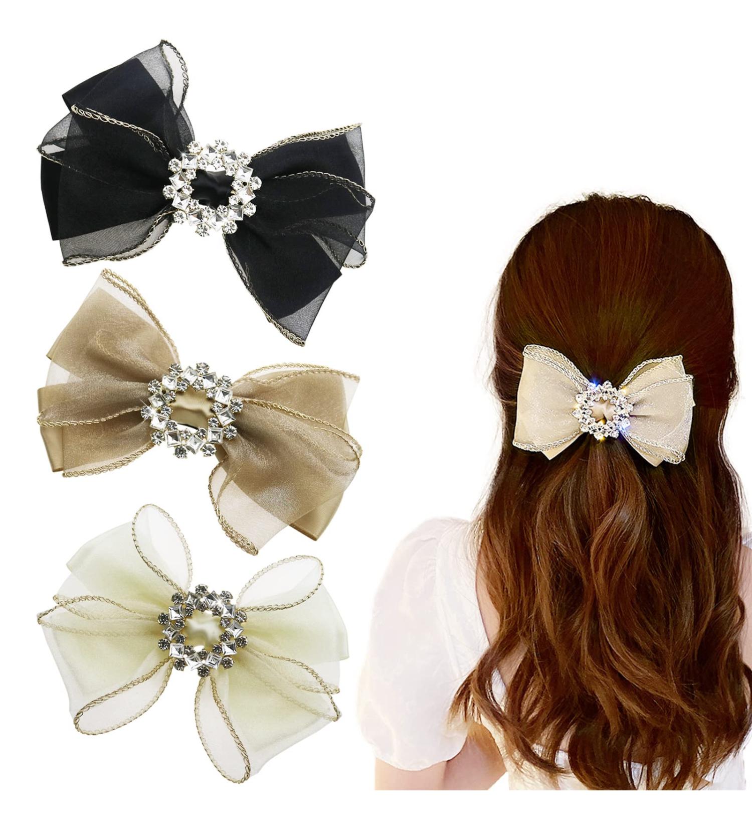 3 Pack 5.5 Inch Large Rhinestone Bow Hair Clips | Cute Mesh Barrettes for Women and Girls - Buy Online on GoSupps.com