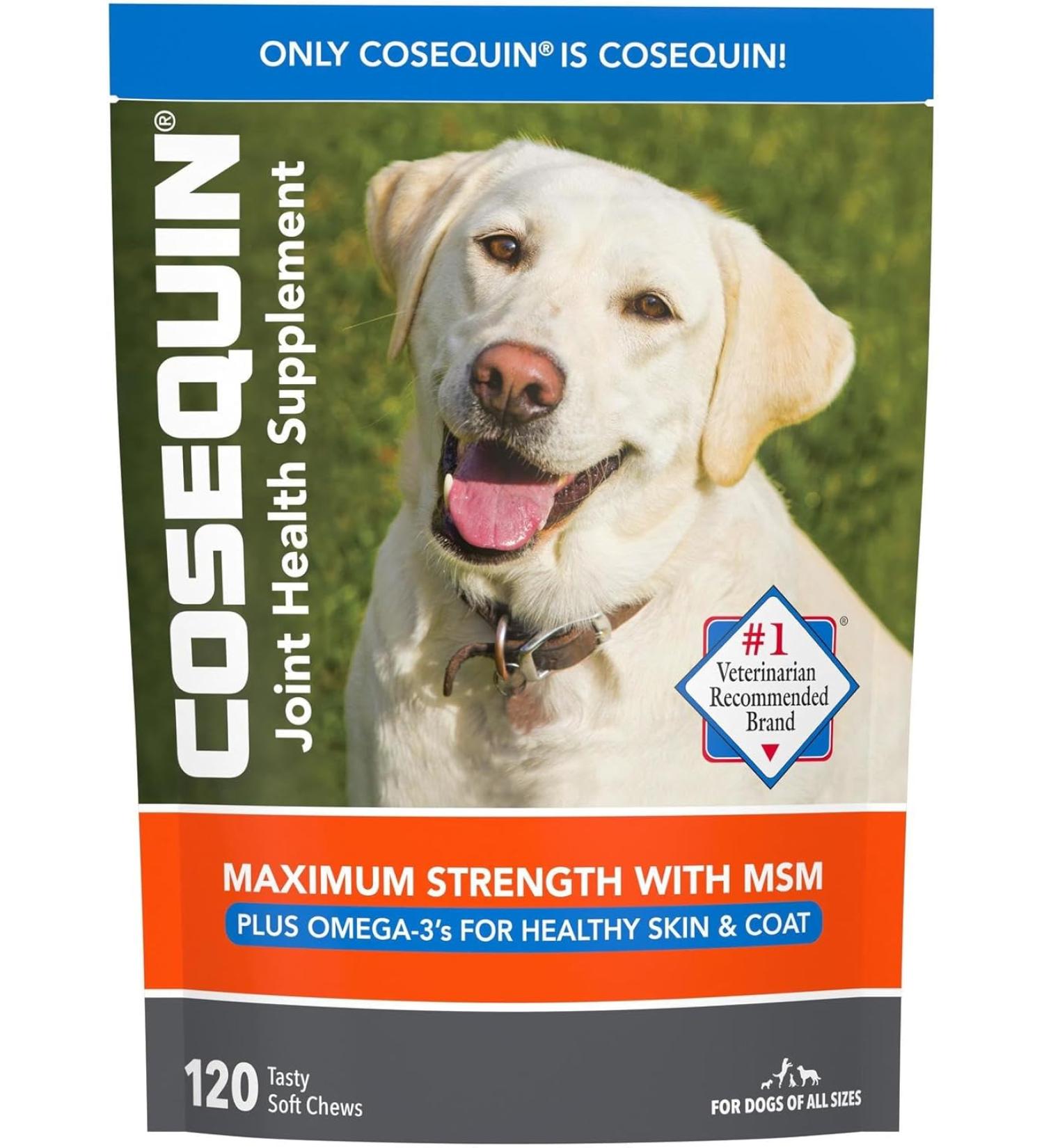 Nutramax Cosequin Joint Health Supplement for Dogs - 120 Soft Chews with Glucosamine, Chondroitin, MSM, Omega-3 - Promotes Healthy Skin and Coat - Buy Online on GoSupps.com