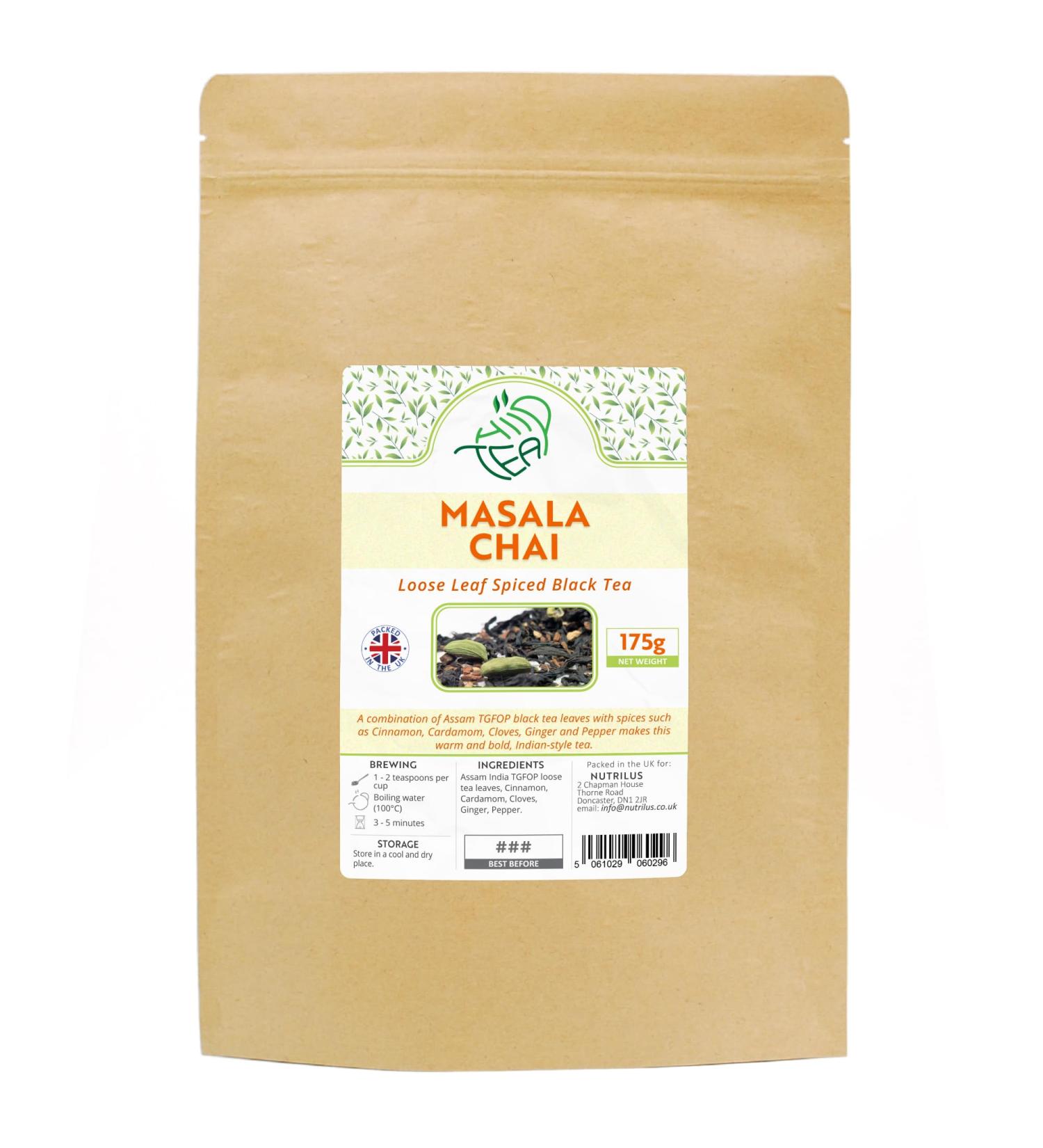 Masala Chai Premium Assam Black Tea With Spices - Cardamom & Cinnamon & Cloves & Ginger & Pepper (175g) - Buy Online on GoSupps.com