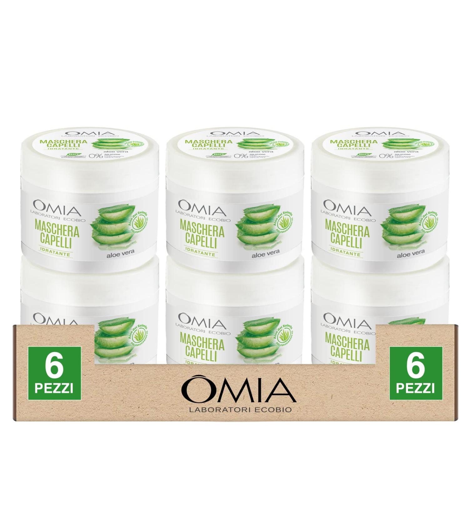 Omia Omia Laboratoires Ecobio Moisturizing hair mask with Aloe Vera from Salento for dry hair and pancakes plumping action gives softness and luminosity certified organic mask - 6 jars of 250 ml