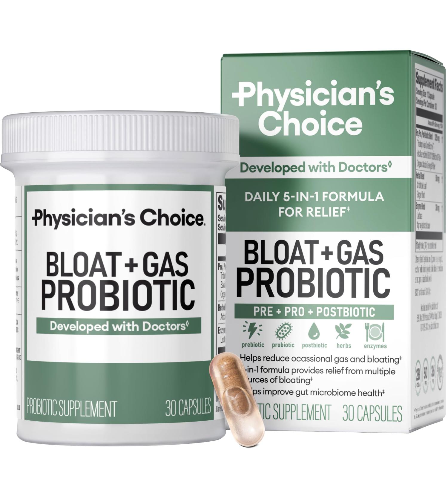 Physician's CHOICE Bloat & Gas Probiotic 5-in-1 Proactive Support + Daily Relief - Digestion & Gut Health- Herbals Digestive Enzymes Post & Prebiotics - Gas Relief for Adults - Women & Men - 30ct 30 Count (Pack of 1) - Buy Online on GoSupps.com