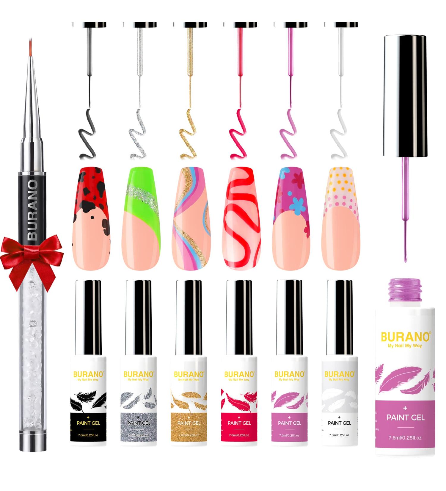 Burano Gel Nail Art Liner Set - 6 Colors Black White Red Silver Gold - UV/LED Soak Off Polish Kit with Thin Brush - Buy Online on GoSupps.com