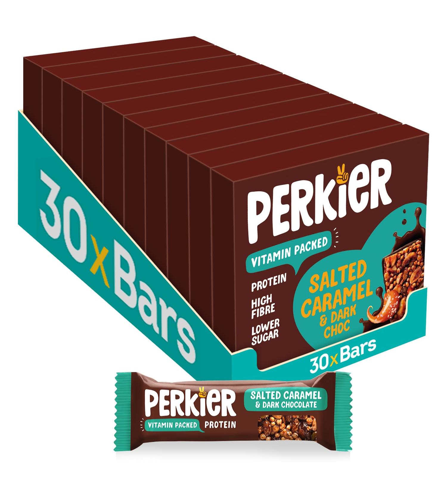 Perkier Salted Caramel & Dark Chocolate Snack Bars (30 Pack) - Vegan, Gluten Free, High Protein, High Fibre, Lower Sugar, Lower Calorie, No Palm Oil - 30 Count - Buy Online on GoSupps.com