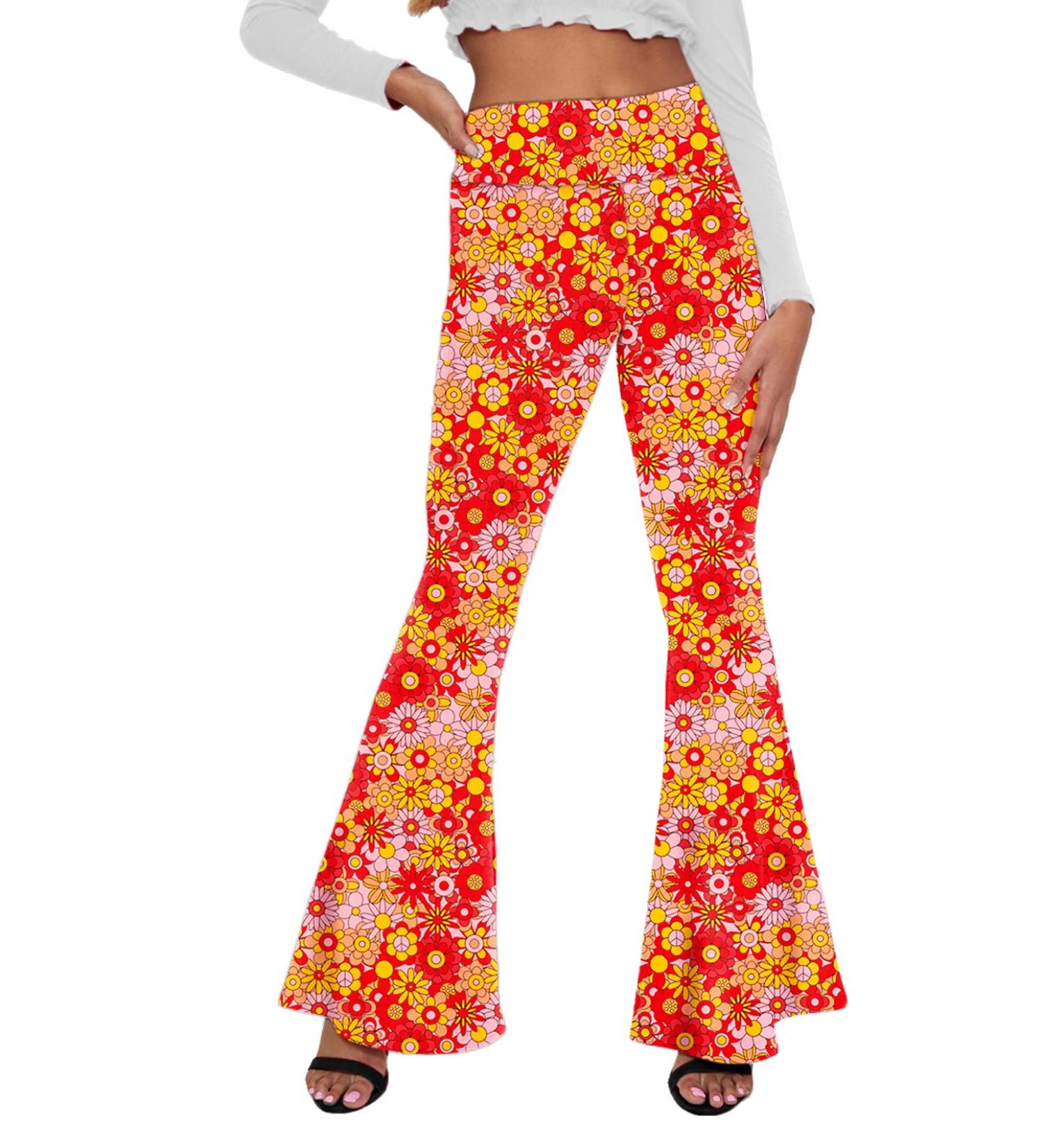 Deerose Women's High Waist Orange Floral Bell Bottom Flare Pants - Medium - Buy Online on GoSupps.com
