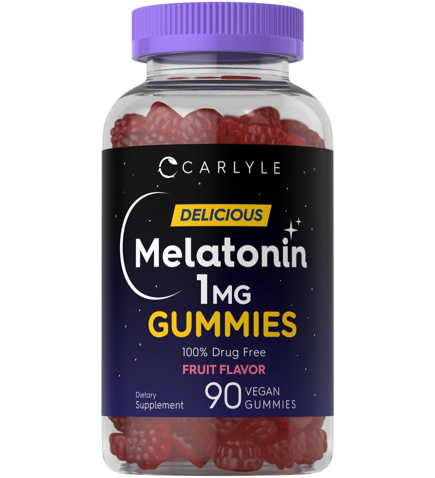 Carlyle Melatonin 1mg Gummies | 90 Count | Fruit Flavor Gummy Supplement | Vegan Non-GMO Gluten Free - Buy Online on GoSupps.com