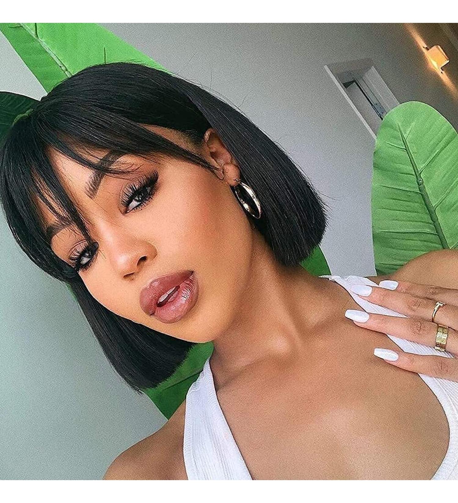 Royal Lady Brazilian Virgin Straight Bob Wig with Bangs - 10 None Lace Front Human Hair Wig for Black Women - Buy Online on GoSupps.com