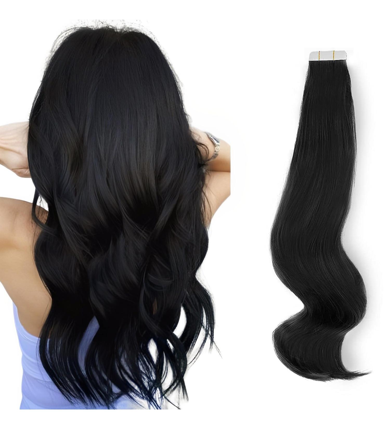 Beauty Hair Tape Extensions | Real Remy Human Hair | Seamless & Reusable | 50g 20 Pieces Deep Black #1 50cm - Buy Online on GoSupps.com