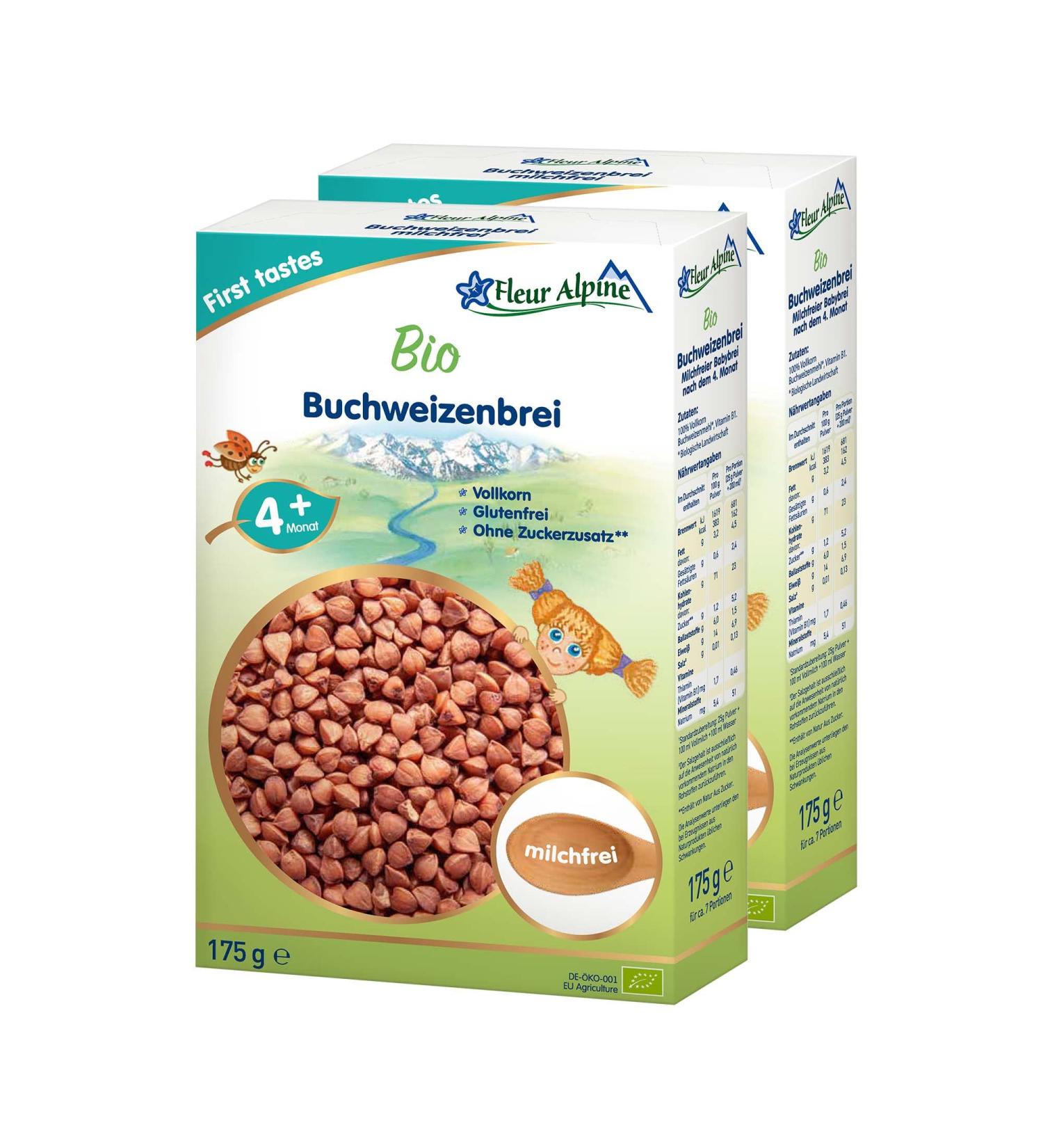 Fleur Alpine Bio Babybrei Buckwheat 2 Pack | Gluten-Free Baby Food 4+ Months | Nutritious & Delicious Breakfast Porridge | Easy Preparation | 14 Portions - Buy Online on GoSupps.com