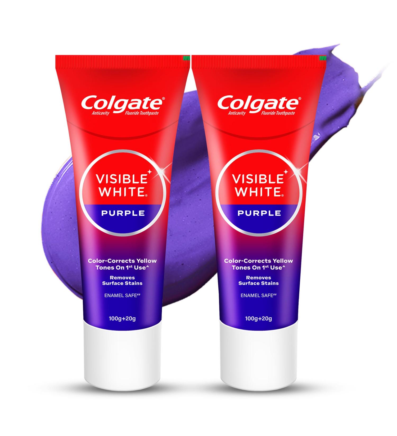Colgate Visible White Purple Toothpaste Teeth Whitening Toothpaste Whitens Yellow Teeth Enamel-Safe Daily Use (2 Pack 100g+20g/3.5oz+0.7oz) - Buy Online on GoSupps.com