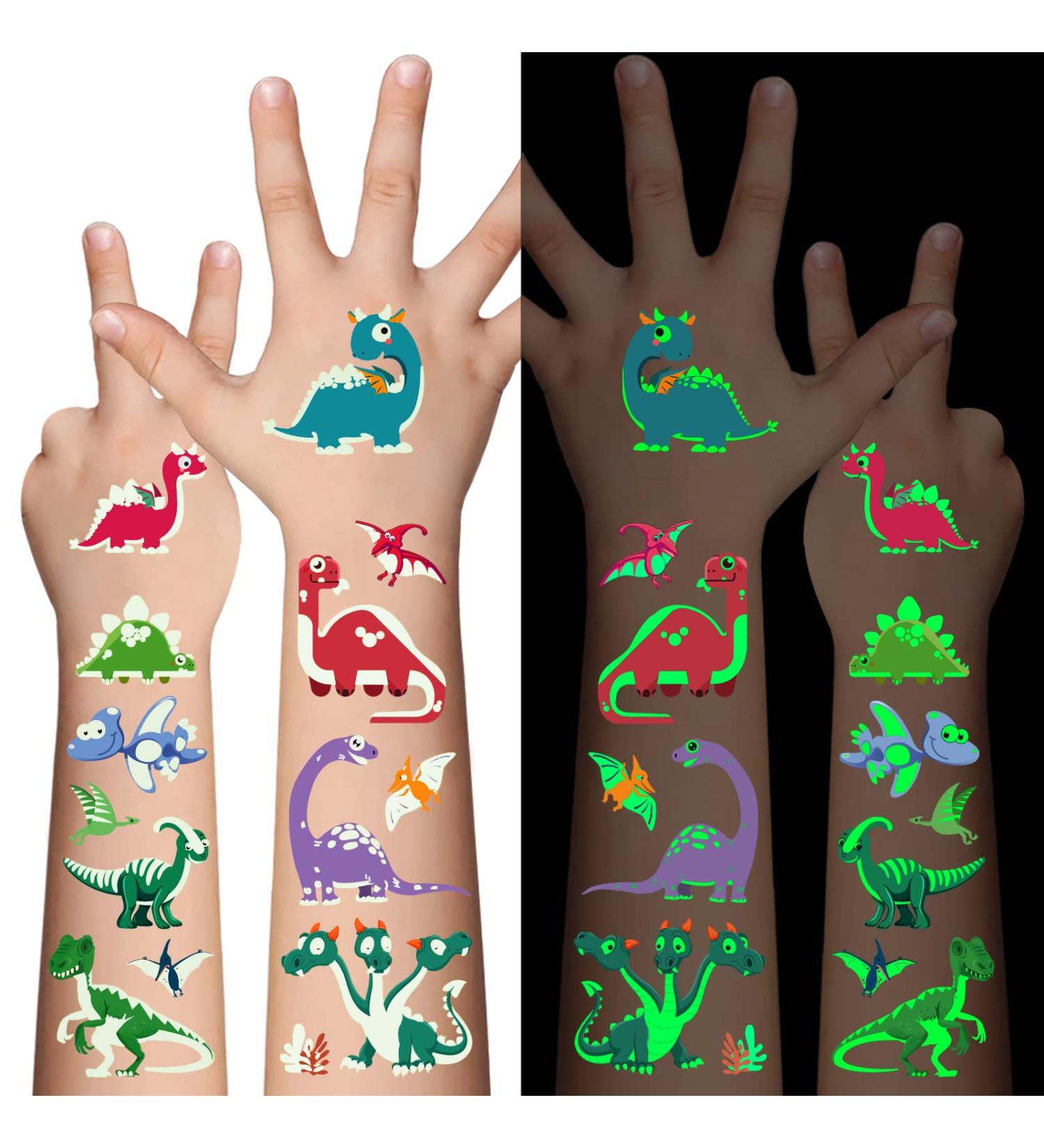 Dinosaur Glow Temporary Tattoos - Luminous Stickers for Kids | Glow In The Dark Face Makeup Fake Tattoos for Boys and Girls - Perfect Holiday Party Supplies and Gifts - Buy Online on GoSupps.com