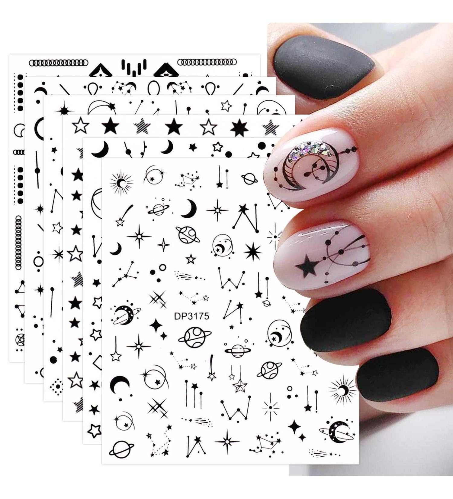 8 Sheets Black Star Moon Nail Art Stickers Decals Self-Adhesive Metallic Ramadan Zodiac Design Manicure Tips Nail Decoration for Women Girls - Buy Online on GoSupps.com