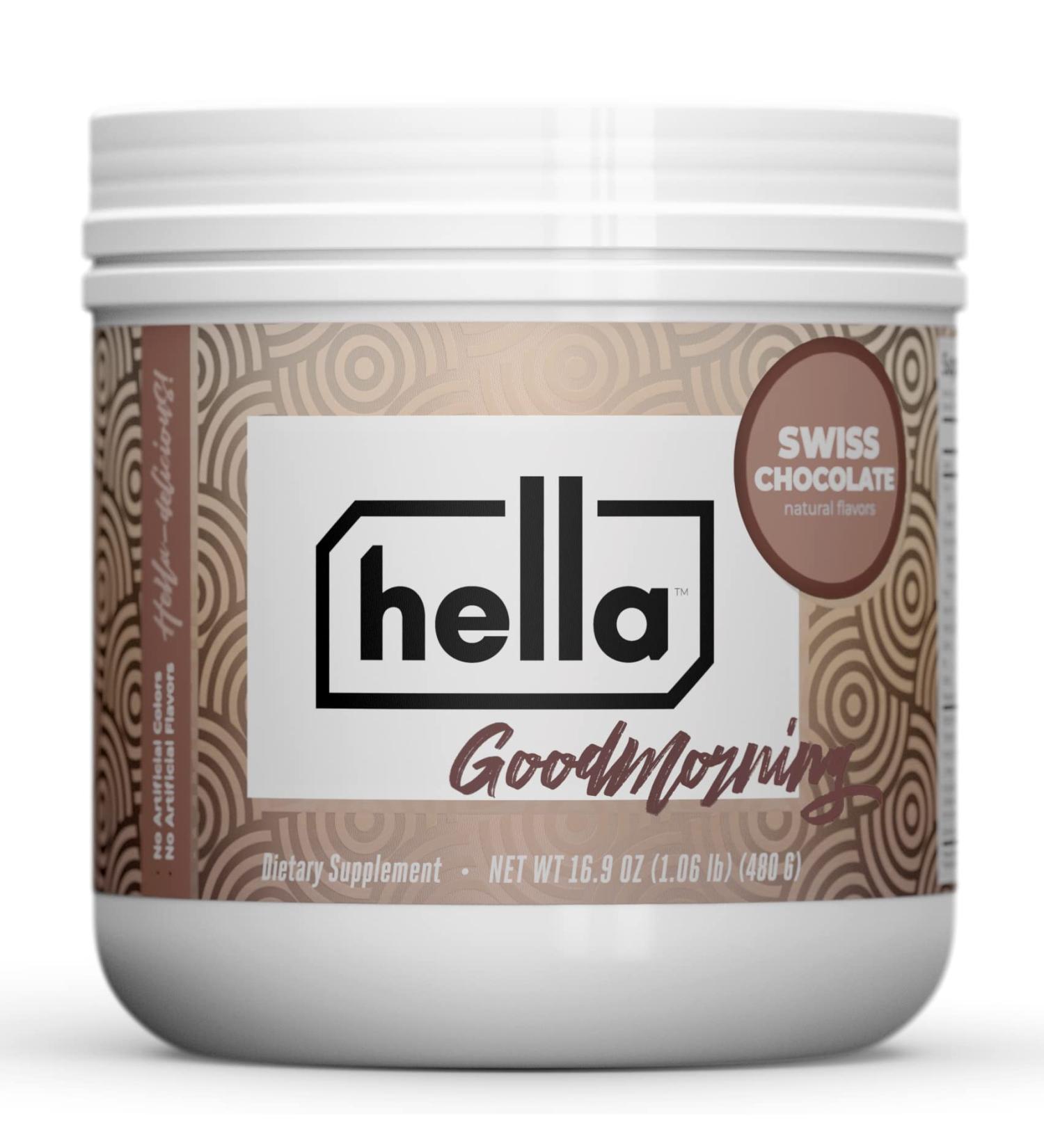 Hella Goodmorning Protein & Collagen Powder - Swiss Chocolate - Vitamins Minerals & 80mg Organic Caffeine for Focus & Energy - 20 Servings - Buy Online on GoSupps.com