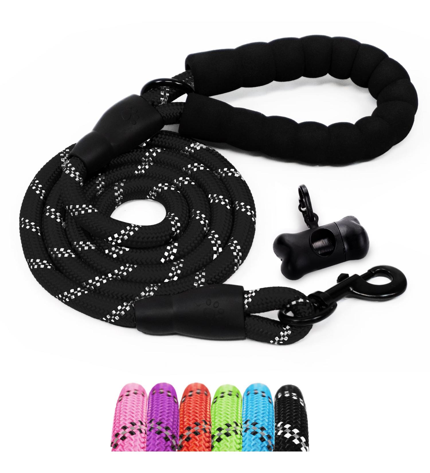 Furdreams 1.5m Slip-On Dog Lead - Reflective, Durable Climbers Rope Leash with Padded Handle - Weather Resistant - Waste Bag Dispenser - Black Large - Buy Online on GoSupps.com