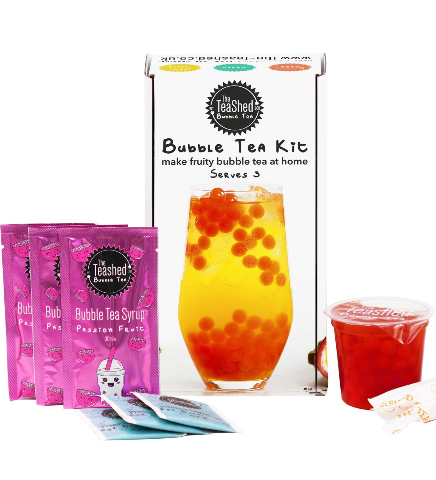 Fruit Bubble Tea Kit Gift Box | 3 Servings | Passion Fruit Syrup, Strawberry Popping Boba, Tea Bags & Paper Straws | THE TEASHED - Buy Online on GoSupps.com
