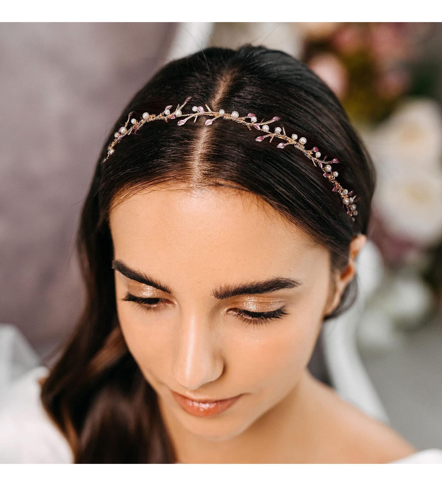Gold Wedding Hair Accessories with Purple Crystal Pearl Leaves Headband - Bridal Headpieces for Women and Girls - Buy Online on GoSupps.com