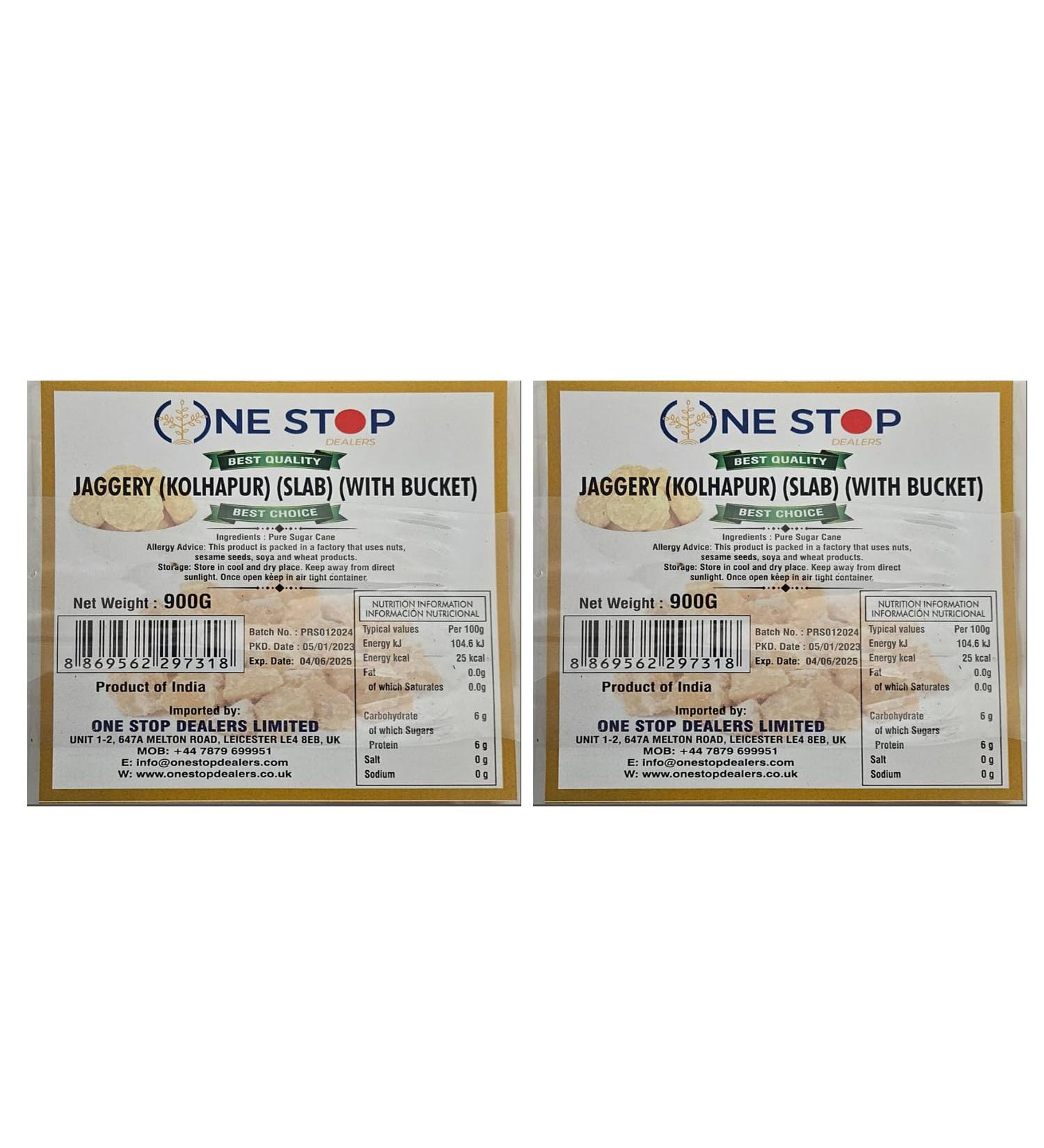One Stop dealers Jaggery (Kolhapur) (Slab) (With Bucket) (900Gram) Pure Natural Jaggery Used In Sweet And Savoury Dishes Made From Sugar Cane (Pack of 2)