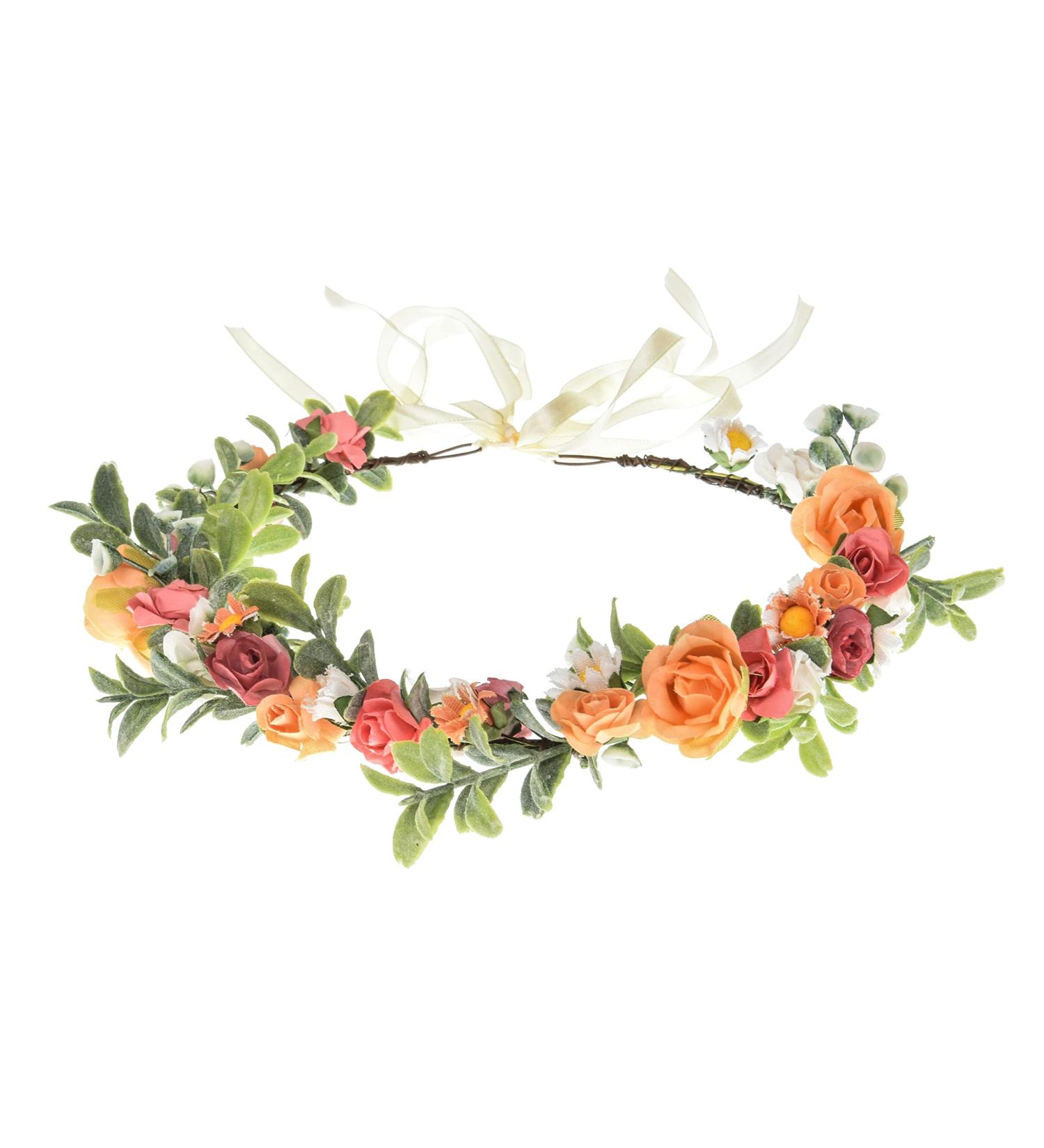 Love Sweety Greenery Flower Headband - BOHO Leaf Hair Wreath for Bridal Wedding, Maternity Floral Crown in White Pink Orange - Buy Online on GoSupps.com