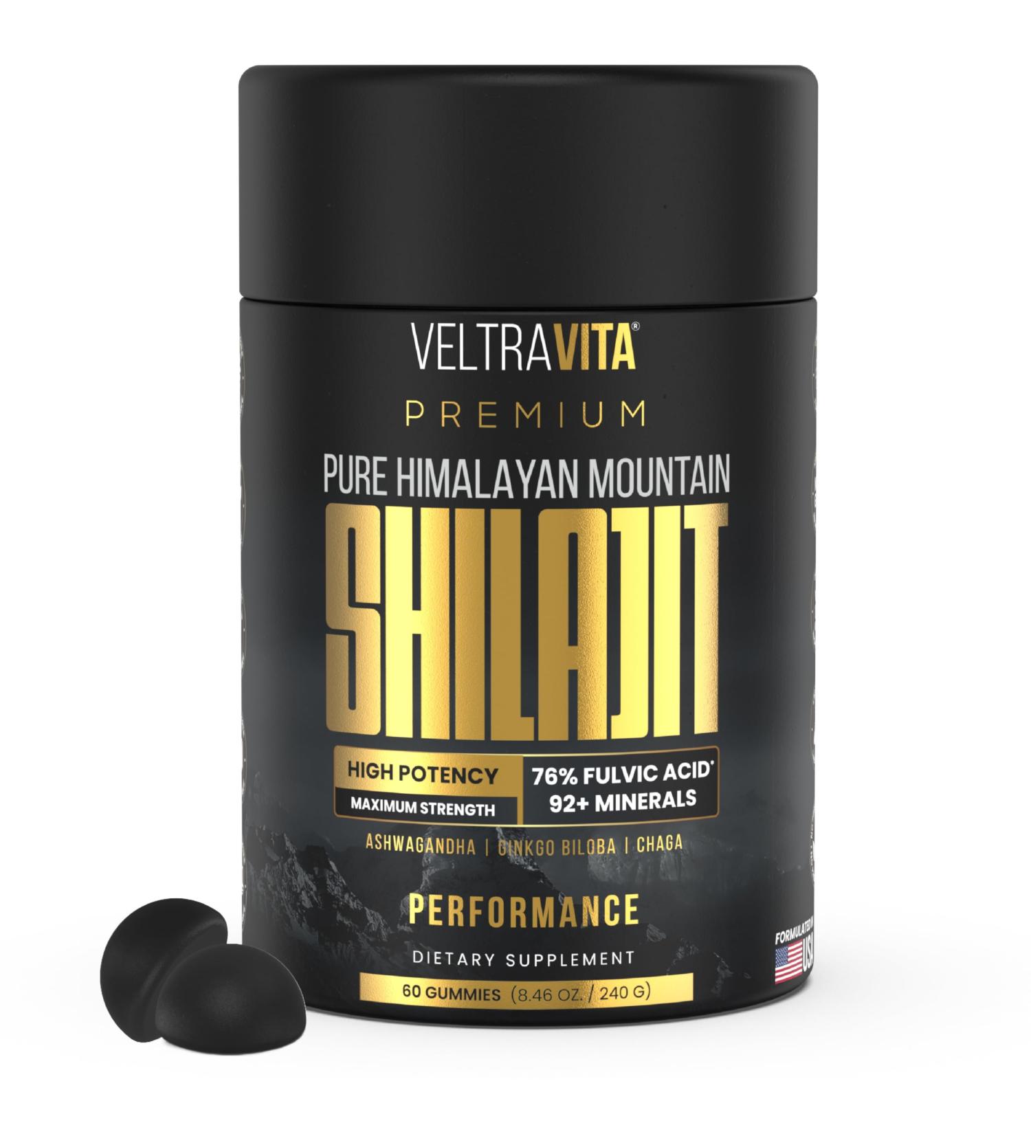 VeltraVita Pure Himalayan Shilajit Gummies with Ginkgo Biloba Chaga & KSM-66 Ashwagandha | Shilajit for Men & Women |10000 mg Max Potency | 76%+ Fulvic Acid & 92+ Trace Minerals | Sugar Free - Buy Online on GoSupps.com