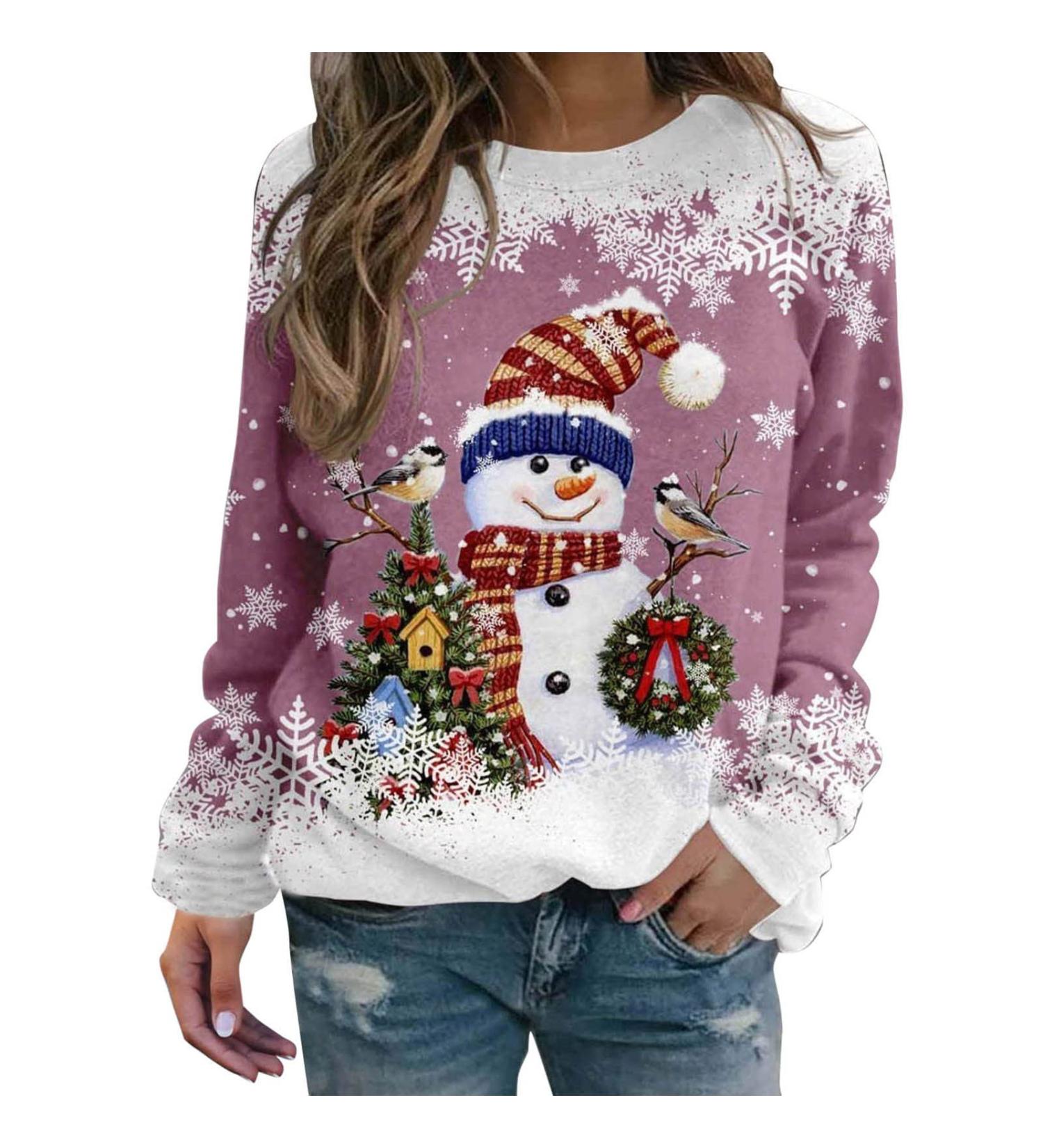 Women's Christmas Snowman Penguin Sweatshirt | Cute O-Neck Raglan Pullover | Xmas Jumper Winter Top Sweater - Pink S - Buy Online on GoSupps.com