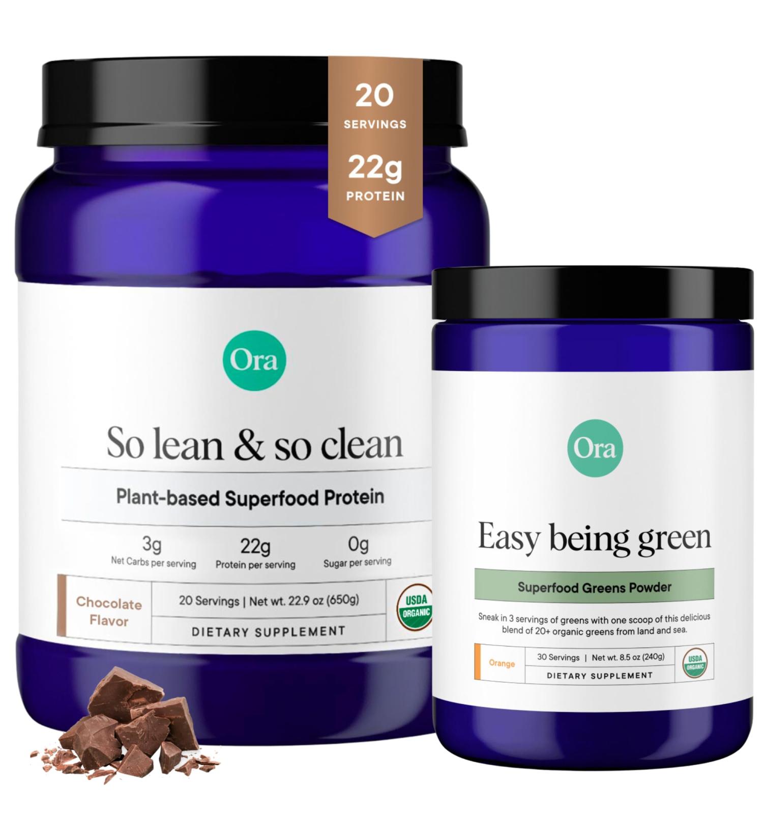 Ora Organic Greens Powder & Vegan Protein Power Bundle: 20+ Superfood Greens Blend - Citrus Flavor 30 Servings + 22g Plant Based Protein Chocolate Flavor 20 Servings - Buy Online on GoSupps.com