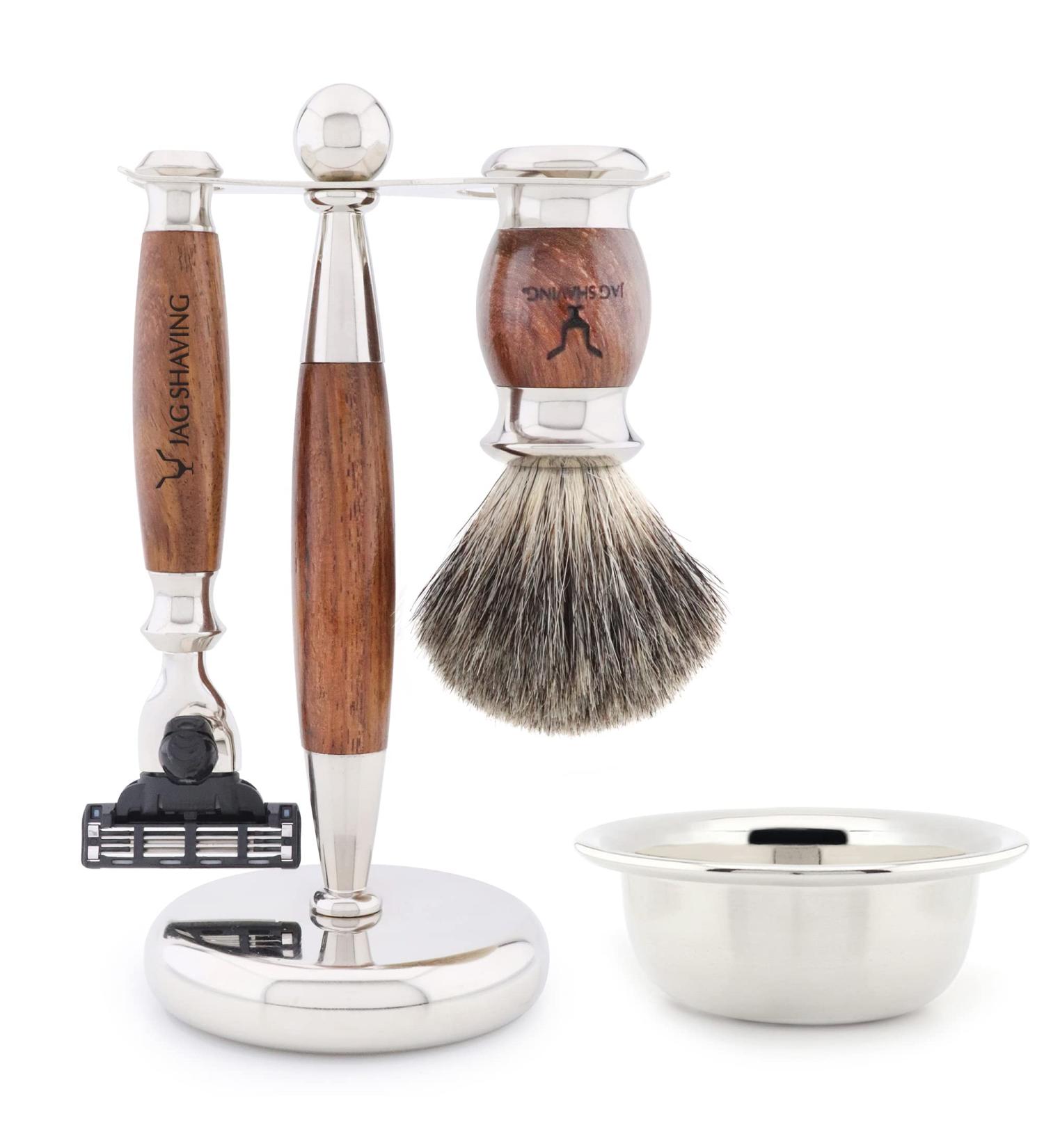 JAG Shaving Razorset - Lee Range 5-Part Set | Super Dachshaar Brush Stainless Steel & Wood 3 Blades Shaving Bowl - International Shipping - Buy Online on GoSupps.com