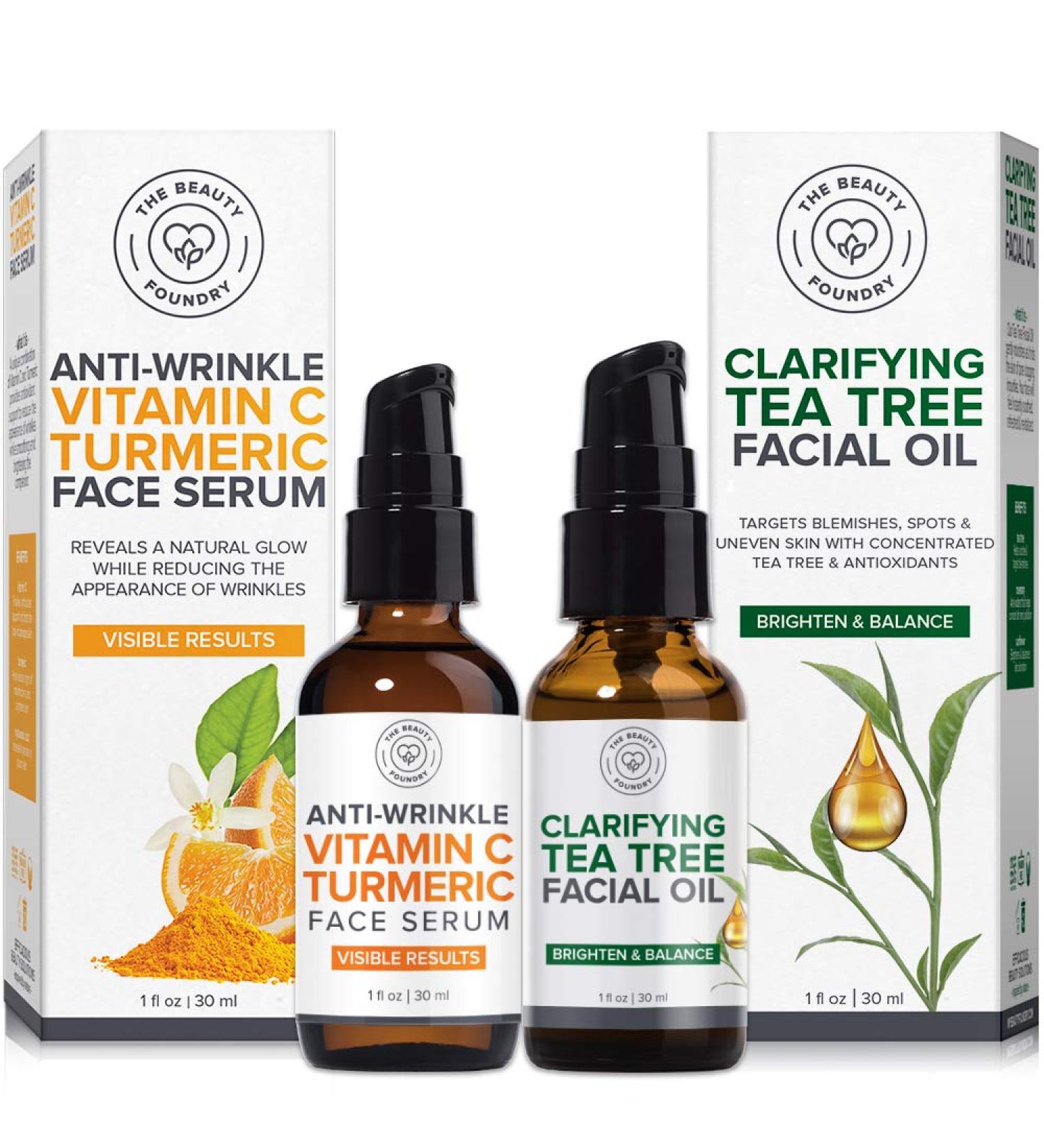 Clarifying Tea Tree Facial Oil Plus Vitamin C Turmeric Serum Duo 1 fl oz/30ml each Great for Blemishes Large Pores and Dark Spots Visible Results with Brighter Skin