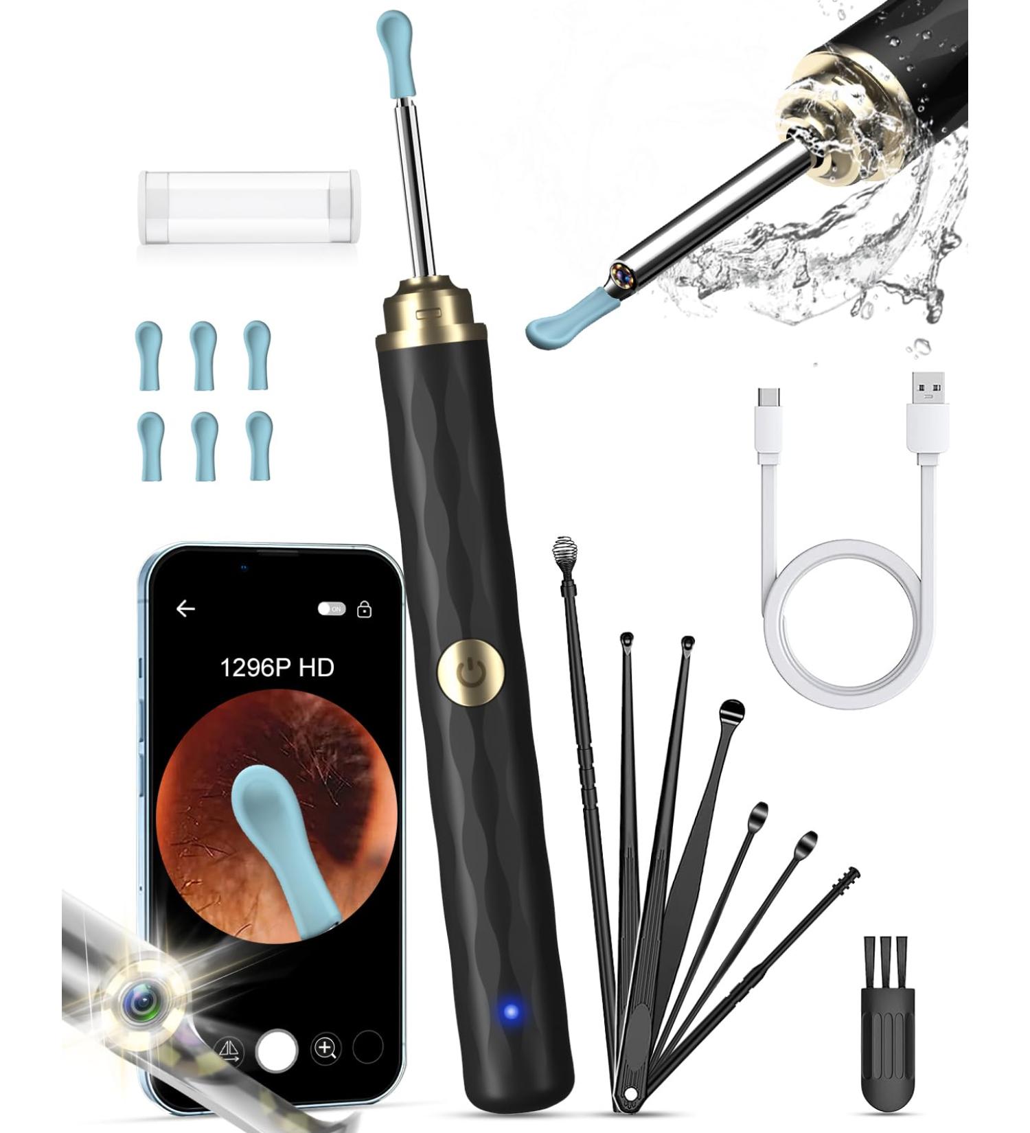 Kekoy Ear Wax Removal Kit - 1296P HD WiFi Otoscope Ear Camera for Adults & Kids - Rechargeable Ear Cleaner Tool with Lights - Black Gold - Buy Online on GoSupps.com